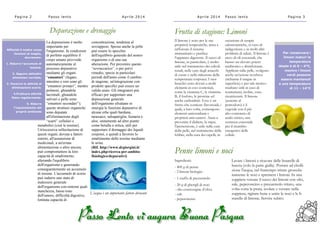 Pagina 2 Passo lento Aprile 2014
La depurazione è molto
importante per
l'organismo. In condizioni
di perfetto equilibrio il
corpo umano provvede
automaticamente al
processo depurativo
mediante gli organi
“emuntori” (fegato,
intestino e reni sono gli
“emuntori primari”, mentre
polmoni, ghiandole
lacrimali, ghiandole
salivari e pelle sono
“emuntori secondari”);
queste strutture organiche
sono deputate
all'eliminazione degli
“scarti” cellulari e
metabolici (cioè le tossine).
Un'eccessiva sollecitazione di
questi organi, dovuta a fattori
esterni, all'assunzione di
medicinali, a un'errata
alimentazione o altro ancora,
può compromettere la loro
capacità di smaltimento,
alterando l'equilibrio
dell'organismo e generando
conseguentemente un accumulo
di tossine. L'accumulo di scorie
può indurre uno stato di
malessere generale
dell'organismo con sintomi quali
stanchezza, basso tono
dell'umore, difficoltà digestive,
limitata capacità di
concentrazione, tendenza al
sovrappeso. Spesso anche la pelle
può essere lo specchio
dell'equilibrio generale del nostro
organismo o di una sua
alterazione. Per prevenire questo
“sovraccarico”, o per porvi
rimedio, specie in particolari
periodi dell'anno come il cambio
di stagione, un'integrazione con
prodotti specifici può essere un
valido aiuto. Gli integratori più
efficaci per supportare una
depurazione generale
dell'organismo sfruttano in
sinergia le funzioni depurative di
alcune erbe quali bardana,
tarassaco, salsapariglia, fumaria e
aloe, unitamente ad altre piante
come betulla o ortica, utili per
supportare il drenaggio dei liquidi
corporei, e quindi a favorire lo
smaltimento delle tossine mediante
le urine.
(Rif. http://www.drgiorgini.it/
index.php/ricerca-per-ambito-
fisiologico/depurativi)
Depurazione e drenaggio
Affinché il nostro corpo
funzioni al meglio,
dovremmo:
1. Ridurre l’accumulo di
tossine.
2. Seguire abitudini
alimentari corrette.
3. Favorire le attività di
eliminazione scorie.
4.Praticare attività
fisica regolarmente.
5. Ridurre
l’inquinamento del
proprio ambiente
L’acqua è un importante fattore drenante
Frutta di stagione: Limoni
occasione di terapie
odontoiatriche, in caso di
indigestione e in molti altri
problemi di salute. Il limone è
ricco di oli essenziali, che
hanno un elevato potere
antibiotico e disinfettante.
Applicati sulla pelle, svolgono
anche un’azione revulsiva
(richiama il sangue in
superficie) e per tale motivo
risultano utili in caso di
reumatismi, inoltre, sono
cicatrizzanti. Il limone
(assieme al
pomodoro) è il
vegetale con il più
alto contenuto di
acido citrico, una
sostanza essenziale
per il ricambio
energetico delle
cellule.
Il limone è noto per le sue
proprietà terapeutiche, aiuta a
rafforzare il sistema
immunitario e purifica
l’apparato digerente. Il succo di
limone, in particolare, è molto
utile nel trattamento dei calcoli
renali, nelle cure degli attacchi
di cuore e nella riduzione della
temperatura corporea. I suoi
benefici sono dovuti a molti
elementi in esso contenuti,
come la vitamina C, la vitamina
B, il fosforo, le proteine ed
anche carboidrati. Esso è un
frutto che contiene flavonoidi, i
quali, a loro volta, contengono
elementi antiossidanti e
proprietà anti-cancro. Aiuta a
prevenire il diabete, la stipsi,
l’ipertensione, è utile nella cura
della pelle, nel trattamento della
febbre, nella cura dei capelli, in
Per conservare i
limoni maturi la
temperatura
ideale è di 0 – 4°C,
mentre i limoni
verdi possono
essere mantenuti
a una temperatura
di 11 – 14°C
Pagina 3Passo lentoAprile 2014
Penne limoni e noci
Ingredienti:
- 400 g di penne
- 2 limoni biologici
- 1 ciuffo di prezzemolo
- 20 g di gherigli di noci
- olio extravergine d’oliva
- sale
- peperoncino
Lavare i limoni e ricavare delle listarelle di
buccia (solo la parte gialla). Portare ad ebolli-
zione l'acqua, nel frattempo tritare grossola-
namente le noci e spremere i limoni. In una
zuppiera versare il succo dei limoni con olio,
sale, peperoncino e prezzemolo tritato, una
volta cotta la psata, scolare e versare nella
zuppiera, rigirare bene e unire le noci e le li-
starelle di limone. Servire subito.
 
