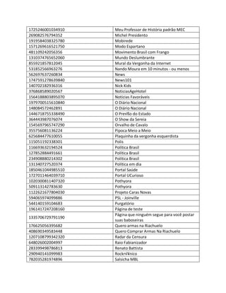 1725246001034910 Meu Professor de História padrão MEC
269082576794352 Michel Presidento
1919584038325780 Mobirede
1571269616521750 Modo Espartano
481109242056356 Movimento Brasil com Frango
1310374765652060 Mundo Deslumbrante
855921857812045 Mural da Vergonha da Internet
531852566963276 Nando Moura em 10 minutos - ou menos
562697637260834 News
1747591278639840 News101
140702182936316 Nick Kids
376868589020567 NoticiasAgeHotel
1564188803895070 Notícias Favoráveis
1979700515610840 O Diário Nacional
148084572462891 O Diário Nacional
1446718755338490 O Pre√ßo do Estado
364443987076074 O Show da Sereia
1545697965747290 Orvalho de Cavalo
355756081136224 Pipoca Meio a Meio
625684477610055 Plaquinha da vergonha esquerdista
115051192338301 Polis
116693632194524 Política Brasil
127852884491661 Política Brasil
234908880214302 Política Brasil
131340727520374 Política em dia
1850461044985510 Portal Saúde
1727011464039710 Portal UCurioso
1020300811407320 Pothyora
509113142783630 Pothyora
1122621677804030 Projeto Caras Novas
594065974099886 PSL - Joinville
544140159104683 Purgatório
1961417247208160 Página de teste
1335706729791190
Página que ninguém segue para você postar
suas baboseiras
176625056395682 Quero armas na Riachuelo
408690349583448 Quero Comprar Armas Na Riachuelo
1207108799342320 Radar da Censura
648026002004997 Raio Fabianizador
283399498786813 Renato Battista
290940141099983 Rockr√¥nico
782035281974896 Salsicha MBL
 