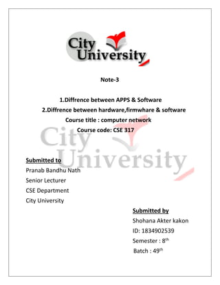 Note-3
1.Diffrence between APPS & Software
2.Diffrence between hardware,firmwhare & software
Course title : computer network
Course code: CSE 317
Submitted to
Pranab Bandhu Nath
Senior Lecturer
CSE Department
City University
Submitted by
Shohana Akter kakon
ID: 1834902539
Semester : 8th
Batch : 49th
 