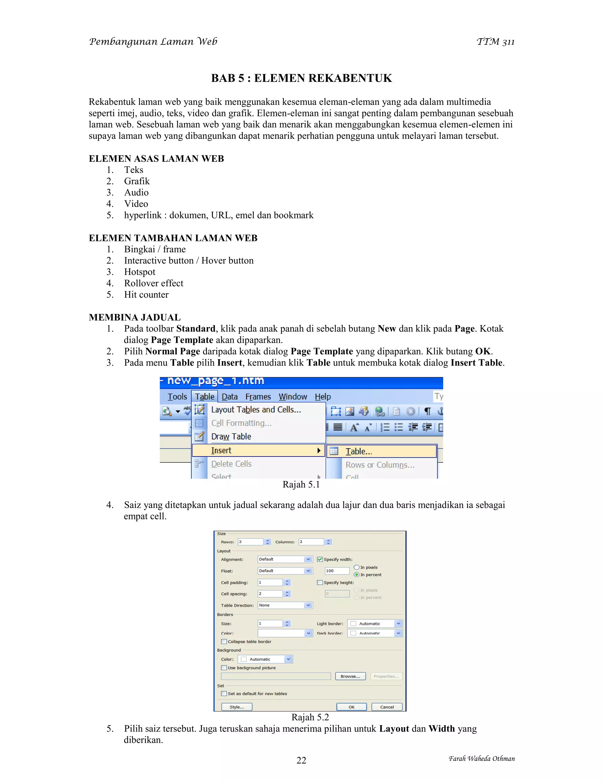 Pembangunan Laman Web                                                                           TTM 311



                              BAB 5 : ELEMEN REKABENTUK
Rekabentuk laman web yang baik menggunakan kesemua eleman-eleman yang ada dalam multimedia
seperti imej, audio, teks, video dan grafik. Elemen-eleman ini sangat penting dalam pembangunan sesebuah
laman web. Sesebuah laman web yang baik dan menarik akan menggabungkan kesemua elemen-elemen ini
supaya laman web yang dibangunkan dapat menarik perhatian pengguna untuk melayari laman tersebut.

ELEMEN ASAS LAMAN WEB
   1. Teks
   2. Grafik
   3. Audio
   4. Video
   5. hyperlink : dokumen, URL, emel dan bookmark

ELEMEN TAMBAHAN LAMAN WEB
   1. Bingkai / frame
   2. Interactive button / Hover button
   3. Hotspot
   4. Rollover effect
   5. Hit counter

MEMBINA JADUAL
  1. Pada toolbar Standard, klik pada anak panah di sebelah butang New dan klik pada Page. Kotak
     dialog Page Template akan dipaparkan.
  2. Pilih Normal Page daripada kotak dialog Page Template yang dipaparkan. Klik butang OK.
  3. Pada menu Table pilih Insert, kemudian klik Table untuk membuka kotak dialog Insert Table.




                                                Rajah 5.1

    4.   Saiz yang ditetapkan untuk jadual sekarang adalah dua lajur dan dua baris menjadikan ia sebagai
         empat cell.




                                                    Rajah 5.2
    5.   Pilih saiz tersebut. Juga teruskan sahaja menerima pilihan untuk Layout dan Width yang
         diberikan.

                                                    22                                   Farah Waheda Othman
 