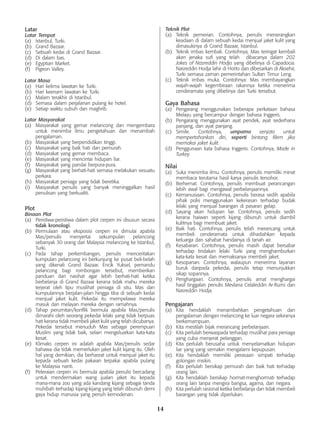 14
Latar
Latar Tempat
(a)	 Istanbul, Turki.
(b)	 Grand Bazaar.
(c)	 Sebuah kedai di Grand Bazaar.
(d)	 Di dalam bas.
(e)	 Egyptian Market.
(f)	 Pigeon Valley.
Latar Masa
(a)	 Hari kelima lawatan ke Turki.
(b)	 Hari keenam lawatan ke Turki.
(c)	 Malam terakhir di Istanbul.
(d)	 Semasa dalam perjalanan pulang ke hotel.
(e)	 Setiap waktu subuh dan maghrib.
Latar Masyarakat
(a)	 Masyarakat yang gemar melancong dan mengembara
untuk menimba ilmu pengetahuan dan menambah
pengalaman.
(b)	 Masyarakat yang berpendidikan tinggi.
(c)	 Masyarakat yang baik hati dan pemurah.
(d)	 Masyarakat yang gemar membaca.
(e)	 Masyarakat yang mencintai hidupan liar.
(f)	 Masyarakat yang pandai berpura-pura.
(g)	 Masyarakat yang berhati-hati semasa melakukan sesuatu
perkara.
(h)	 Masyarakat peniaga yang tidak beretika.
(i)	 Masyarakat penulis yang banyak meninggalkan hasil
penulisan yang berkualiti.
Plot
Binaan Plot
(a)	 Peristiwa-peristiwa dalam plot cerpen ini disusun secara
tidak kronologi.
(b)	 Permulaan atau eksposisi cerpen ini dimulai apabila
Mas/penulis menyertai sekumpulan pelancong
sebanyak 30 orang dari Malaysia melancong ke Istanbul,
Turki.
(c)	 Pada tahap perkembangan, penulis menceritakan
kumpulan pelancong ini berkunjung ke pusat beli-belah
yang dikenali Grand Bazaar. Encik Yuksel, pemandu
pelancong bagi rombongan tersebut, memberikan
panduan dan nasihat agar lebih berhati-hati ketika
berbelanja di Grand Bazaar kerana tidak mahu mereka
terjerat oleh tipu muslihat peniaga di situ. Mas dan
kumpulannya berjalan-jalan hingga tiba di sebuah kedai
menjual jaket kulit. Pekedai itu mempelawa mereka
masuk dan melayan mereka dengan ramahnya.
(d)	 Tahap perumitan/konflik bermula apabila Mas/penulis
dimarahi oleh seorang pekedai lelaki yang tidak berpuas
hati kerana tidak membeli jaket kulit yang telah dicubanya.
Pekedai tersebut menuduh Mas sebagai perempuan
Muslim yang tidak baik, selain mengeluarkan kata-kata
kesat.
(e)	 Klimaks cerpen ini adalah apabila Mas/penulis sedar
bahawa dia tidak memerlukan jaket kulit kijang itu. Oleh
hal yang demikian, dia berhasrat untuk menjual jaket itu
kepada sebuah kedai pakaian terpakai apabila pulang
ke Malaysia nanti.
(f)	 Peleraian cerpen ini bermula apabila penulis bercadang
untuk mendermakan wang jualan jaket itu kepada
mana-mana zoo yang ada kandang kijang sebagai tanda
muhibah terhadap kijang-kijang yang telah dibunuh demi
gaya hidup manusia yang penuh kemodenan.
Teknik Plot
(a)	 Teknik pemerian. Contohnya, penulis menerangkan
keadaan di dalam sebuah kedai menjual jaket kulit yang
dimasukinya di Grand Bazaar, Istanbul.
(b)	 Teknik imbas kembali. Contohnya, Mas teringat kembali
akan jenaka sufi yang telah dibacanya dalam 202
Jokes of Nasreddin Hodja yang dibelinya di Capadocia.
Nasreddin Hodja lahir di Horto dan dibesarkan di Aksehir,
Turki semasa zaman pemerintahan Sultan Timur Leng.
(c)	 Teknik imbas muka. Contohnya: Mas membayangkan
wajah-wajah kegembiraan rakannya ketika menerima
cenderamata yang dibelinya dari Turki tersebut.
Gaya Bahasa
(a)	 Pengarang menggunakan beberapa perkataan bahasa
Melayu yang bercampur dengan bahasa Inggeris.
(b)	 Pengarang menggunakan ayat pendek, ayat sederhana
panjang, dan ayat panjang.
(c)	 Simile. Contohnya, umpama senjata untuk
mempertahankan diri, seperti bintang filem jika
memakai jaket kulit.
(d)	 Penggunaan kata bahasa Inggeris. Contohnya, Made in
Turkey.
Nilai
(a)	 Suka menimba ilmu. Contohnya, penulis memiliki minat
membaca terutama hasil karya penulis tersohor.
(b)	 Berhemat. Contohnya, penulis membuat perancangan
lebih awal bagi mengawal perbelanjaannya.
(c)	 Kemanusiaan. Contohnya, penulis berasa sedih apabila
pihak polis menggunakan kekerasan terhadap budak
lelaki yang menjual barangan di pasaran gelap.
(d)	 Sayang akan hidupan liar. Contohnya, penulis sedih
kerana haiwan seperti kijang dibunuh untuk diambil
kulitnya bagi membuat jaket.
(e)	 Baik hati. Contohnya, penulis telah merancang untuk
membeli cenderamata untuk dihadiahkan kepada
keluarga dan sahabat handainya di tanah air.
(f)	 Kesabaran. Contohnya, penulis masih dapat bersabar
terhadap tindakan lelaki Turki yang menghamburkan
kata-kata kesat dan memaksanya membeli jaket.
(g)	 Kesopanan. Contohnya, walaupun menerima layanan
buruk daripada pekedai, penulis tetap menunjukkan
sikap sopannya.
(h)	 Penghargaan. Contohnya, penulis amat menghargai
hasil tinggalan penulis Mevlana Celaleddin Ar-Rumi dan
Nasreddin Hodja.
Pengajaran
(a)	 Kita hendaklah menambahkan pengetahuan dan
pengalaman dengan melancong ke luar negara sekiranya
berkemampuan.
(b)	 Kita mestilah bijak merancang perbelanjaan.
(c)	 Kita perlulah berwaspada terhadap muslihat para peniaga
yang cuba menjerat pelanggan.
(d)	 Kita perlulah berusaha untuk menyelamatkan hidupan
liar yang yang semakin mengalami kepupusan.
(e)	 Kita hendaklah memiliki perasaan simpati terhadap
golongan miskin.
(f)	 Kita perlulah bersikap pemurah dan baik hati terhadap
orang lain.
(g)	 Kita hendaklah bersikap hormat-menghormati terhadap
orang lain tanpa mengira bangsa, agama, dan negara.
(h)	 Kita perlulah rasional ketika berbelanja dan tidak membeli
barangan yang tidak diperlukan.
 