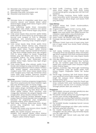 16
(e)	 Masyarakat yang mempunyai pengaruh dan kedudukan
dalam kalangan masyarakat.
(f)	 Masyarakat yang terlalu memanjakan anak.
(g)	 Masyarakat yang berpendirian tegas.
Plot
(a)	 Permulaan drama ini mengisahkan watak Aiman yang
menerima sepucuk surat daripada Jabatan Latihan
Khidmat Negara sebagai pelatih baharu Program Latihan
Khidmat Negara (PLKN).
(b)	 Cerita berkembang apabila Aiman menunjukkan
berbagai-bagai reaksi setelah menerima surat tawaran
daripada Jabatan Latihan Khidmat Negara yang dihantar
oleh posmen itu.
(c)	 Cerita sampai kepada tahap perumitan apabila berlaku
konflik dalam diri Aiman kerana dia sememangnya tidak
berminat untuk mengikuti siri PLKN itu disebabkan
pengetahuan serta pemahamannya yang kurang
tentang kebaikan seseorang remaja mengikuti program
berkenaan.
(c)	 Cerita sampai kepada tahap klimaks apabila Aiman
cuba meminta bantuan bapanya yang mempunyai
pengaruh dan kedudukan itu untuk mengecualikannya
daripada pelatih baharu Program Latihan Khidmat
Negara. Namun begitu, bapanya menolak kemahuannya
itu. Bapa Aiman bertegas kepada Aiman agar mengikuti
PLKN itu kerana program itu banyak mengandungi
kebaikan yang tidak diketahui oleh Aiman. Ibu Aiman
menyebelahi anaknya. Dia kurang bersetuju Aiman
mengikuti PLKN atas faktor keselamatan nyawa
anaknya. Namun begitu, bapanya tetap teguh dengan
pendirian asalnya.
(d)	 Cerita sampai kepada tahap peleraian apabila Aiman
tersedar akan kesilapannya yang memberikan tanggapan
negatif terhadap pelaksanaan PLKN itu selepas membaca
berita tentang kejayaan senior-seniornya semasa
mengikuti kursus PLKN. Aiman berjanji kepada dirinya
untuk mengikuti kursus PLKN bagi membentuk dirinya
supaya boleh hidup berdikari, seterusnya menyahut
seruan untuk berbakti kepada tanah air yang tercinta.
Teknik Plot
(a)	 Teknik pemerian. Contohnya, pengarang menggambarkan
sikap Aiman yang bersantai dan hanya melakukan segala
kerja yang diminatinya pada cuti hujung minggu.
(b)	 Teknik saspens. Contohnya, pengarang menggunakan
teknik saspens dengan membiarkan pembaca tertanya-
tanya tentang keputusan yang bakal dibuat oleh Khir
Ghazali apabila anaknya, Aiman bercadang untuk
menggunakan kedudukan dan pengaruh bapanya untuk
mengecualikan dirinya daripada menyertai PLKN.
(c)	 Teknik kejutan. Contohnya, pembaca dikejutkan dengan
tindakan Datuk Khir Ghazali yang tidak mahu menggunakan
kedudukan dan pengaruhnya untuk mengecualikan
penyertaan anaknya, Aiman daripada PLKN itu.
(d)	 Teknik dialog. Contohnya, dialog antara Aiman dengan
posmen yang menghantar surat tawaran PLKN
ke rumahnya. Contoh:
	 POSMEN: Ada sesiapa yang bernama Aiman Faizullah
bin Khir Ghazal di rumah ini?
	 AIMAN: Ada, sayalah orangnya. Surat apa ini?
	 POSMEN: Surat daripada Jabatan Latihan Khidmat
Negara. Ini bermakna, adik terpilih untuk menyertai
Program Latihan Khidmat Negara.
(e)	 Teknik konflik. Contohnya, konflik yang berlaku
antara Aiman dengan Nek Sinah. Aiman kurang
menyenangi kata gelaran yang digunakan oleh Nek Sinah
kepadanya.
(f)	 Teknik monolog. Contohnya, Aiman berfikir sesuatu
secara bersendirian sambil menanyakan dirinya tentang
tindakan yang perlu dibuat dengan surat tawaran PLKN
yang diterimanya.
Gaya Bahasa
(a)	 Pengaruh bahasa Arab. Contoh: Assalamualaikum,
Waalaikumussalam.
(b)	 Pengaruh bahasa Inggeris: Contoh: mummy, daddy.
(c)	 Simile. Contoh: Cuti hujung minggu sudah menjadi
seperti masa yang terbaik untuk AIMAN bersantai dan
melakukan segala perkara yang dimahukannya.
(d)	 Metafora. Contoh: Buta sejarah betul kau ini.
(e)	 Inversi. Contoh: Tak fahamlah saya, bang.
(f)	 Perulangan kata atau repetisi. Contoh: Aku tak suka, tak
suka.
(g)	 Peribahasa: Contoh: hujan emas di negeri orang, hujan
batu di negeri sendiri, lurus bendul, bodoh sombong,
besar panjang.
Nilai
(a)	 Kasih sayang. Contohnya, Datuk Khir Ghazali amat
menyayangi Aiman dan keluarganya. Beliau memutuskan
agar Aiman menghadiri PLKN untuk membentuk peribadi
anaknya itu agar menjadi insan yang berguna kepada
nusa dan negara.
(b)	 Cinta akan negara/Patriotisme. Contohnya, kawan-kawan
sekelas Aiman yang terdiri daripada Nora, Syuhada,
Ah Tiau, dan Sundarani sangat teruja dan berbangga
apabila nama mereka terpilih untuk menyertai Program
Latihan Khidmat Negara.
(c)	 Kegigihan. Contohnya, Cikgu Dahari gigih membimbing
dan memberikan tunjuk ajar kepada pelatih PLKN
tentang Program Penghayatan Sastera dan Budaya
(PPSB).
(d)	 Hemah tinggi. Contohnya, Nek Sinah bertutur dengan
suara yang lemah lembut ketika mengajak Aiman makan
tengah hari walaupun Aiman melayannya dengan
bersikap kurang sopan.
(e)	 Berpandangan jauh. Contohnya, Datuk Khir Ghazali ingin
Aiman menyertai PLKN untuk membentuk perwatakan
positif menerusi nilai-nilai murni di samping memupuk
semangat patriotrik dalam jiwa anaknya itu.
Pengajaran
(a)	 Kita hendaklah memupuk semangat patriotik/cinta akan
negara dalam kalangan generasi muda.
(b)	 Kita perlulah menjadi seorang insan yang berintegriti dan
amanah untuk memikul tanggungjawab.
(c)	 Kita mestilah rajin membaca bagi melahirkan masyarakat
yang berilmu dan berpengetahuan luas tentang satu-satu
perkara.
(d)	 Kita hendaklah bersabar menghadapi kerenah manusia
yang biadab.
(e)	 Kita perlulah berpandangan jauh dalam usaha membina
kehidupan yang lebih sempurna.
(f)	 Kita mestilah berpendirian tegas dan teguh untuk
menegakkan satu-satu perkara yang bermanfaat kepada
nusa dan negara tercinta.
(g)	 Kita hendaklah gigih mencari rezeki yang halal untuk
menyara keluarga.
 