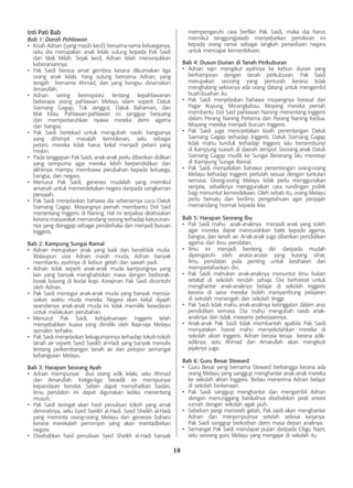 18
Inti Pati Bab
Bab 1: Darah Pahlawan
•	 Kisah Adnan (yang masih kecil) bersama-sama keluarganya,
iaitu dia merupakan anak lelaki sulung kepada Pak Saidi
dan Mak Milah. Sejak kecil, Adnan telah menunjukkan
keberaniannya.
•	 Pak Saidi berasa amat gembira kerana dikurniakan tiga
orang anak lelaki. Yang sulung bernama Adnan, yang
tengah  bernama Ahmad, dan yang bongsu dinamakan
Amarullah.
•	 Adnan sering berinspirasi tentang kepahlawanan
beberapa orang pahlawan Melayu silam seperti Datuk
Siamang Gagap, Tok Janggut, Datuk Bahaman, dan
Mat Kilau. Pahlawan-pahlawan ini sanggup berjuang
dan mempertaruhkan nyawa mereka demi agama
dan bangsa.
•	 Pak Saidi bertekad untuk mengubah nasib bangsanya
yang dihimpit masalah kemiskinan, iaitu sebagai
petani, mereka tidak harus kekal menjadi petani yang
miskin.
•	 Pada tanggapan Pak Saidi, anak-anak perlu diberikan didikan
yang sempurna agar mereka lebih berpendidikan dan
akhirnya mampu membawa perubahan kepada keluarga,
bangsa, dan negara.
•	 Menurut Pak Saidi, generasi mudalah yang memikul
amanah untuk memerdekakan negara daripada cengkaman
penjajah.
•	 Pak Saidi menjelaskan bahawa dia sebenarnya cucu Datuk
Siamang Gagap. Moyangnya pernah membantu Dol Said
menentang Inggeris di Naning. Hal ini terpaksa dirahsiakan
kerana masyarakat memandang serong terhadap keturunan­
nya yang dianggap sebagai penderhaka dan menjadi buruan
Inggeris.
Bab 2: Kampung Sungai Ramal
•	 Adnan merupakan anak yang baik dan berakhlak mulia.
Walaupun usia Adnan masih muda, Adnan banyak
membantu ayahnya di kebun getah dan sawah padi.
•	 Adnan tidak seperti anak-anak muda kampungnya yang
lain yang banyak menghabiskan masa dengan berborak-
borak kosong di kedai kopi. Kerajinan Pak Saidi dicontohi
oleh Adnan.
•	 Pak Saidi menegur anak-anak muda yang banyak mensia-
siakan waktu muda mereka. Negara akan kekal dijajah
seandainya anak-anak muda ini tidak memiliki kesedaran
untuk melakukan perubahan.
•	 Menurut Pak Saidi, kebijaksanaan Inggeris telah
menyebabkan kuasa yang dimiliki oleh Raja-raja Melayu
semakin terhakis.
•	 Pak Saidi menjelaskan kekagumannya terhadap tokoh-tokoh
tanah air seperti Syed Syeikh al-Hadi yang banyak menulis
tentang perkembangan tanah air dan pelopor semangat
kebangsaan Melayu.
Bab 3: Harapan Seorang Ayah
•	 Adnan mempunyai dua orang adik lelaki, iaitu Ahmad
dan Amarullah. Ketiga-tiga beradik ini mempunyai
kepandaian bersilat. Selain dapat menyihatkan badan,
ilmu persilatan ini dapat digunakan ketika menentang
musuh.
•	 Pak Saidi teringat akan hasil penulisan tokoh yang amat
diminatinya, iaitu Syed Syeikh al-Hadi. Syed Sheikh al-Hadi
yang meminta orang-orang Melayu dan generasi baharu
kerana merekalah pemimpin yang akan mentadbirkan
negara.
•	 Disebabkan hasil penulisan Syed Sheikh al-Hadi banyak
mempengaruhi cara berfikir Pak Saidi, maka dia harus
memikul tanggungjawab menyebarkan pemikiran ini
kepada orang ramai sebagai langkah persediaan negara
untuk mencapai kemerdekaan.
Bab 4: Dusun Durian di Tanah Perkuburan
•	 Adnan rajin mengikut ayahnya ke kebun durian yang
berhampiran dengan tanah perkuburan. Pak Saidi
merupakan seorang yang pemurah kerana tidak
menghalang sekiranya ada orang datang untuk mengambil
buah-buahan itu.
•	 Pak Saidi menjelaskan bahawa moyangnya berasal dari
Pagar Ruyung, Minangkabau. Moyang mereka pernah
membantu Dol Said pahlawan Naning menentang Inggeris
dalam Perang Naning Pertama dan Perang Naning Kedua.
Moyang mereka menjadi buruan Inggeris.
•	 Pak Saidi juga menceritakan kisah penentangan Datuk
Siamang Gagap terhadap Inggeris. Datuk Siamang Gagap
tidak mahu tunduk terhadap Inggeris lalu bersembunyi
di Kampung Juaseh di daerah Jempol. Seorang anak Datuk
Siamang Gagap mudik ke Sungai Beranang lalu menetap
di Kampung Sungai Ramal.
•	 Pak Saidi menyatakan bahawa penentangan orang-orang
Melayu terhadap Inggeris perlulah sesuai dengan tuntutan
semasa. Orang-orang Melayu tidak perlu menggunakan
senjata, sebaliknya menggunakan cara rundingan politik
bagi menuntut kemerdekaan. Oleh sebab itu, orang Melayu
perlu bersatu dan berilmu pengetahuan agar penjajah
memandang hormat kepada kita.
Bab 5: Harapan Seorang Ibu
•	 Pak Saidi mahu anak-anaknya menjadi anak yang soleh
agar mereka dapat mencurahkan bakti kepada agama,
bangsa, dan tanah air. Anak-anak juga diberikan pendidikan
agama dan ilmu persilatan.
•	 Ilmu ini menjadi benteng diri daripada mudah
dipengaruhi oleh anasir-anasir yang kurang sihat.
Ilmu persilatan pula penting untuk kesihatan dan
mempertahankan diri.
•	 Pak Saidi mahukan anak-anaknya menuntut ilmu bukan
setakat di sekolah rendah sahaja. Dia berhasrat untuk
menghantar anak-anaknya belajar di sekolah Inggeris
kerana di sana mereka boleh menyambung pelajaran
di sekolah menengah dan sekolah tinggi.
•	 Pak Saidi tidak mahu anak-anaknya ketinggalan dalam arus
pendidikan semasa. Dia mahu mengubah nasib anak-
anaknya dan tidak mewarisi pekerjaannya.
•	 Anak-anak Pak Saidi tidak membantah apabila Pak Saidi
menyatakan hasrat mahu menyekolahkan mereka di
sekolah aliran Inggeris. Adnan berasa teruja kerana adik-
adiknya, iaitu Ahmad dan Amarullah akan mengikuti
jejaknya juga.
Bab 6: Guru Besar Steward
•	 Guru Besar yang bernama Steward berbangga kerana ada
orang Melayu yang sanggup menghantar anak-anak mereka
ke sekolah aliran Inggeris. Beliau menerima Adnan belajar
di sekolah berkenaan.
•	 Pak Saidi sanggup menghantar dan mengambil Adnan
dengan menunggang basikalnya disebabkan jarak antara
rumah dengan sekolah agak jauh.
•	 Sebelum pergi menoreh getah, Pak saidi akan menghantar
Adnan dan menjemputnya setelah selesai kerjanya.
Pak Saidi sanggup berkorban demi masa depan anaknya.
•	 Semangat Pak Saidi mendapat pujian daripada Cikgu Nazri,
iaitu seorang guru Melayu yang mengajar di sekolah itu.
 