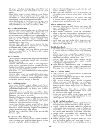 20
23 Januari 1933, Rang Undang-undang Askar Melayu telah
diluluskan. Kerajaan telah menubuhkan pasukan Askar
Melayu.
•	 Pihak British sedang mencari anak-anak muda Melayu
yang berminat untuk menyertai Askar Melayu yang baru
ditubuhkan itu. Adnan tidak melepaskan peluang dan
mendaftarkan nama bagi menyertai Askar Melayu.
•	 Adnan akan berangkat ke Port Dickson untuk menjalani temu
duga bagi membolehkannya terpilih menjadi askar. Ayah dan
ibunya merestui cita-cita Adnan untuk menjadi askar.
Bab 15: Buku Bertemu Ruas
•	 Adnan terpaksa menahan ejekan dan cemuhan daripada
beberapa orang pemuda di kampungnya. Bagi mereka, askar
merupakan tali barut orang putih dan pembelot bangsa.
•	 Adnan bersama-sama dengan tiga orang rakannya yang lain
telah menumpang sebuah lori untuk pergi ke Port Dickson.
•	 Setibanya di Port Dickson, mereka berempat terus
ke Kem Haig Lines. Perasaan mereka berdebar-debar ketika
menjalani proses temu duga.
•	 Akhirnya, Adnan telah terpilih menjadi tentera. Dia akan
menjalani latihan ketenteraan. Kejayaannya telah menjadi
buah mulut orang di pelusuk kampung.
•	 Pak Saidi mengadakan majlis doa selamat bersempena
dengan pemergian Adnan ke Port Dickson untuk menjalani
latihan ketenteraan.
Bab 16: Perwira
•	 Seorang pegawai mengalu-alukan kedatangan rekrut-rekrut
baharu. Beliau mengucapkan tahniah dan memberikan
kata-kata perangsang.
•	 Daripada 1000 permohonan, hanya 25 orang yang terpilih
dalam pasukan yang digelar pengasas Kompeni Percubaan
Pasukan Askar Melayu. Mereka merupakan skuad pertama
yang akan menjalani latihan ketenteraan.
•	 Pada 1 Mac 1933, semua rekrut bersedia untuk menjalani
latihan ketenteraan.
•	 Akhirnya, Adnan berjaya menamatkan latihan ketenteraan
selama setahun. Adnan telah terpilih sebagai rekrut terbaik
dan seterusnya diserapkan ke dalam pasukan Askar Melayu.
Adnan telah diarahkan bertugas di Singapura.
Bab 17: Kehidupan Baharu
•	 Adnan telah dinaikkan pangkat sebagai sarjan. Namun
begitu, bukan pangkat yang dikejarnya, sebaliknya kewajipan
menjalankan tanggungjawab dan amanah perlu diberikan
keutamaan.
•	 Adnan telah terpilih mewakili platun Askar Melayu dalam
perbarisan memberi hormat bagi menyambut upacara
pertabalan King Geoge VI di London.
•	 Pihak British berpuas hati dengan kegigihan yang ditunjukkan
Askar Melayu. Mereka mengambil lebih banyak pemuda
Melayu untuk berkhidmat dalam Rejimen Askar Melayu.
Bilangannya bertambah menjadi 232 orang.
•	 Adnan telah dinaikkan pangkat sebagai Leftenan Muda
dan dilantik mengetuai Platun ke-7, Kompeni ‘C’. Hal ini
berdasarkan prestasi cemerlang yang telah ditunjukkannya
selama berkhidmat sebagai Askar Melayu.
•	 Pak Saidi telah menjodohkan Adnan dengan seorang gadis
bernama Sophia.
Bab 18: Berhari Raya di Kampung
•	 Perkahwinan Adnan semakin bahagia apabila dikurniakan
dua orang cahaya mata. Anak lelaki sulung bernama Mokhtar
dan anak yang kedua pula bernama Zainudin.
•	 Adnan berkhidmat di Singapura manakala isteri dan anak-
anaknya menetap di Kajang.
•	 Adnan membawa keluarganya berpindah ke Singapura. Dia
memulakan tugas baharunya di pangkalan tentera Pasir
Panjang.
•	 Isterinya mudah menyesuaikan diri dengan cara hidup
di tempat baharu. Jiran-jirannya terdiri daripada isteri
anggota tentera yang berkhidmat di sana.
Bab 19: Perang Dunia Kedua
•	 Berita yang mengejutkan telah diterima oleh Adnan. Ada
ura-ura mengatakan bahawa Jepun akan menyerang Tanah
Melayu dan Singapura.
•	 Adnan terpaksa menghantar Sophia dan anak-anaknya
pulang ke kampung bagi menjamin keselamatan mereka
walaupun hatinya berat untuk berpisah dengan mereka.
•	 Sophia berjanji akan menjaga anak-anak mereka dengan
baiknya.
•	 Nordin yang pada suatu ketika dahulu kerap memusuhi
Adnan kini telah berubah. Dia turut menjadi tentera dan
menjadi rakan setugas Adnan.
Bab 20: Bukit Candu
•	 Adnan telah diarahkan bertugas di Bukit Candu yang terletak
di kawasan berbukit di sebelah timur yang menghadap
ke laut.
•	 Leftenan Adnan telah mengarahkan anggota tenteranya
menggali lebih banyak parit untuk dijadikan kubu. Guni-guni
pasir diletakkan di sekitar kawasan Bukit Candu.
•	 Leftenan Adnan dan Sarjan Hasan bertemu dengan
Penghulu Sidek bagi membincangkan masalah penduduk
kampung yang enggan berpindah.
•	 Samad bertengkar dengan Penghulu Sidek. Dia mengatakan
bahawa bukannya Jepun mahu menjajah Tanah Melayu tetapi
British yang mahu menguatkan cengkaman penjajahannya.
Bab 21: D Ambang Perang
•	 Pada 6 Disember 1941, suatu persidangan secara tertutup
telah berlangsung di Manila.
•	 Mereka membincangkan persiapan Jepun untuk menakluki
Asia termasuk Filipina dan Tanah Melayu.
•	 Salah seorang pegawai tentera Amerika menyatakan
bahawa Jepun sukar untuk ditewaskan. Hal ini dikatakan
demikian kerana mereka cukup terlatih sedangkan Askar
Melayu dibekalkan dengan senjata ringan dan bilangannya
tidak banyak.
•	 Penduduk kampung Bukit Candu bersetuju untuk
dipindahkan ke tempat yang lebih selamat kecuali Samad
dan keluarganya yang enggan berpindah.
•	 Berlaku kes kecurian akibat rumah kosong yang tidak
berpenghuni. Pencuri yang bertopeng itu berjaya diberkas.
Setelah diperiksa, pencuri itu ialah Samad.
•	 Bab 22: Hati-hati yang Resah
•	 Leftenan Adnan memberikan taklimat kepada Kapten Rix
tentang tahap keselamatan kawasan di bawah jagaannya.
•	 Pegawai Penerbangan Ramshaw melaporkan bahawa dia
melihat banyak kapal tentera Jepun menuju ke Thailand atau
Tanah Melayu. Hal ini merupakan isyarat awal yang amat
jelas bahawa Jepun akan terlibat dalam Perang Dunia Kedua.
•	 Pegawai British mengarahkan kapal pembinasa HMS
Repulse menyekat kemaraan tentera Jepun daripada
sampai ke Tanah Melayu.
•	 Pesawat pengintip gagal mengesan kedudukan kapal-
kapal Jepun akibat keadaan cuaca yang buruk. Peluang ini
diambil oleh General Tomoyuki yang mengarahkan tenteranya
 