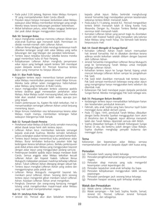 22
•	 Pada pukul 2.00 petang, Rejimen Askar Melayu Kompeni
‘B’ yang mempertahankan Bukit Candu dibedil.
•	 Pasukan Jepun berjaya menawan kedudukan askar Melayu
walaupun askar Melayu memberikan tentangan yang sengit.
Mereka tewas kerana kekurangan peralatan ketenteraan.
•	 Akibat kehabisan peluru, askar Melayu sanggup bertempur
dari jarak dekat dengan menggunakan bayonet.
Bab 30: Serangan Balas
•	 Jepun menghantar wakilnya meminta Leftenan Adnan dan
anak-anak buahnya agar menyerah kalah. Permintaan ini
ditolak mentah-mentah oleh Leftenan Adnan.
•	 Leftenan Renya Mutaguchi tidak menduga tenteranya masih
diberikan tentangan sengit oleh askar Melayu yang serba
kekurangan dari segi bilangan dan peralatan ketenteraan.
•	 Tentera Jepun terpaksa berundur seketika kerana mereka
gagal menembusi kubu di Pasir Panjang.
•	 Kebijaksanaan Leftenan Adnan menghidu penyamaran
askar Jepun yang berlagak seperti tentera Sikh mendapat
pujian daripada Jeneral A.E. Percival. Kesemua tentera
Jepun yang menyamar itu berjaya dibunuh.
Bab 31: Biar Putih Tulang
•	 Kegagalan tentera Jepun menembusi barisan pertahanan
askar Melayu menimbulkan perasaan marah Mejar Kimura.
Mereka tiada pilihan selain menggempur habis-habisan
askar Melayu yang bertahan di Bukit Candu.
•	 Jepun menggunakan kekuatan tentera udaranya apabila
tentera daratnya gagal menewaskan pertahanan askar
Melayu. Askar Melayu sudah memasang tekad, iaitu mereka
tidak akan sesekali menyerah kalah walau apa-apa pun
yang terjadi.
•	 Dalam pertempuran itu, Kapten Rix telah terkorban. Hal in
menyemarakkan semangat Leftenan Adnan untuk berjuang
menentang Jepun.
•	 Mejar Kimura melahirkan rasa kehairanannya kerana askar
Melayu masih mampu memberikan tentangan hebat
walaupun bilangannya tidak banyak.
Bab 32: Tumpah Darah Perwira
•	 Pertahanan askar Melayu di Bukit Candu semakin meruncing
akibat diasak tanpa henti oleh tentera Jepun.
•	 Leftenan Adnan terus memberikan kata-kata semangat
kepada anak-anak buahnya. Mereka semakin kehabisan
peluru sedangkan asakan tentera Jepun semakin bertambah.
•	 Tentera Jepun berjaya menembusi kubu pertahanan askar
Melayu. Bunyi tembakan kedua-dua pasukan tidak lagi
kedengaran kerana kehabisan peluru. Berlaku pertempuran
jarak dekat antara askar Melayu yang menggunakan bayonet
dengan askar Jepun yang menggunakan pedang samurai.
•	 Pertempuran berakhir apabila Jepun berjaya menawan Bukit
Candu. Semua anggota askar Melayu terkorban kecuali
Leftenan Adnan dan Koperal Yaakob. Leftenan Renya
Mutuguchi melepaskan perasaan marahnya terhadap Leftenan
Adnan. Tubuh Leftenan Adnan diterajang dengan sekuat hati.
•	 Tentera Jepun mengikat Leftenan Adnan yang cedera dan
menggantungnya pada pokok ceri.
•	 Leftenan Renya Mutuguchi mengambil bayonet lalu
menikam perut Leftenan Adnan. Seorang demi seorang
tentera Jepun mengambil giliran menikam tubuh Leftenan
Adnan. Keadaan Leftenan Adnan amat mengerikan.
•	 Penghulu Deraman dan orang-orang kampung menggali
lubang untuk mengebumikan mayat-mayat askar Melayu
yang mati syahid mempertahankan negara.
Bab 33: Jatuhnya Kota Singa
•	 Jeneral A.E. Percival akur akan kekalahan tenteranya
kepada pihak Jepun. Beliau bertindak menghubungi
Jeneral Yamashita bagi mendapatkan jaminan keselamatan
sekiranya tentera British menyerah kalah.
•	 Pada pukul 5.15 petang, Jeneral A.E. Percival mengarahkan
tentera British menyerah kalah di Kilang Kereta Ford,
Alexandra. Dengan itu, Pasukan Tentera Berikat dengan
rasminya telah menyerah kalah.
•	 Kematian Leftenan Adnan yang penuh tragis itu diceritakan
sendiri oleh Koperal Yaakob yang merupakan satu-satunya
Askar Melayu yang masih hidup. Dia bernasib baik kerana
berpura-pura mati.
Bab 34: Darah Mengalir di Sungai Ramal
•	 Kematian Leftenan Adnan masih belum memuaskan
hati Jeneral Yamashita. Hal ini dikatakan demikian kerana
adiknya sendiri terkorban setelah ditikam dengan bayonet
oleh Leftenan Adnan.
•	 Jeneral Yamashita mengarahkan Leftenan Renya Mutuguchi
pergi ke Semenanjung Tanah Melayu untuk menjejaki
keluarga Leftenan Adnan.
•	 Kehadiran tentera Jepun ke Sungai Ramal, Kajang untuk
mencari keluarga Leftenan Adnan sampai ke pengetahuan
Pak Saidi.
•	 Pak Saidi telah diarahkan memasuki trak tentera Jepun.
Pak Saidi sempat membunuh beberapa orang askar Jepun
yang mengiringinya hanya menggunakan keris sebelum dia
ditembak mati.
•	 Keberanian Pak Saidi mendapat pujian daripada penduduk
Sungai Ramal. Mereka menganggap Pak Saidi sebagai wira.
Bab 35: Perjuangan Belum Berakhir
•	 Kedatangan tentera Jepun menyebabkan kehidupan harian
dan keselamatan penduduk terancam.
•	 Fatimah, iaitu anak Sophia yang baru berumur tujuh bulan
meninggal dunia akibat demam panas.
•	 Pada 15 Ogos 1945, penduduk Tanah Melayu dikejutkan
dengan berita Amerika Syarikat menggugurkan bom atom
di Hiroshima dan di Nagasaki. Jepun akhirnya menyerah
kalah dan Tanah Melayu diperintah semula oleh British.
•	 Sophia ditawarkan bertugas di Sekolah Kebangsaan Sungai
Ramal. Di situ, dia bertemu jodoh dengan Ustaz Ridwan.
Sophia disahkan menghidap penyakit leukemia dan
meninggal dunia.
Tema
Keberanian dan keperwiraan askar Melayu semasa
mempertahankan tanah air daripada dijajah oleh kuasa asing.
Persoalan
(a)	 Persoalan kasih sayang dalam keluarga.
(b)	 Persoalanpengkhianatananakbangsayangmemusnahkan
negara.
(c)	 Persoalan sikap manusia yang suka mengambil
kesempatan untuk kepentingan diri.
(d)	 Persoalan kepatuhan anak-anak terhadap ibu bapa.
(e)	 Persoalan kebijaksanaan menggunakan taktik semasa
peperangan.
(f)	 Persoalan pandangan jauh seorang ketua keluarga.
(g)	 Persoalan harapan seorang ayah terhadap anaknya.
Watak dan Perwatakan
(a)	 Watak utama: Leftenan Adnan
(b)	 Watak sampingan – Pak Saidi, Sophia, Nordin, Samad,
Jeneral A.E. Percival, Leftenan Jeneral Tomoyuki
Yamashita, dan sebagainya.
 