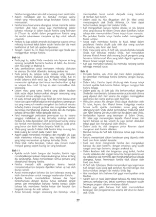 27
Farisha menggunakan satu alat sepanjang enam sentimeter.
•	 Aqram mendapati alat itu bertukar menjadi warna
merah yang menunjukkan tahap kesihatan Farisha tidak
memuaskan.
•	 Farisha terus lena kerana abangnya, Azraai meminta doktor
memberi ubat tidur. Azraai juga membohongi doktor
bahawa mikrocip di dalam badan Farisha yang kelihatan
di CT-scan itu adalah dalam pengetahuan Farisha yang
dia sendiri sukarelawan menjalani uji kaji untuk sebuah
universiti.
•	 Perkara itu juga adalah amanah ibu bapanya supaya semua
mikrocip itu mesti kekal dalam tubuh Farisha dan dia mesti
berkhidmat di Soft Lab apabila diperlukan.
•	 Tengah malam itu, Dr. Maxi menyarankan agar Shida akan
menggantikan tempat Farisha.
Bab 10
•	 Pada pagi itu, ketika Shida membaca satu laporan tentang
seorang penyelidik bernama Medina di Arkib, dia diminta
oleh Alia pergi ke Makmal B.
•	 Satu pembedahan untuk menanam mikrocip dilakukan
ke atasnya. Dia tidak diberitahu tentang perkara itu.
•	 Pada petang itu, selepas sedar, perkara yang dilakukan
terhadap Farisha dilakukan pula terhadap Shida. Kali ini
tindak balasnya lebih teruk lagi. Dr. Maxi berdegil dengan
meneruskan uji kajinya dan hanya memberhentikan uji kaji
ini selepas lima minit. Uji kaji ini akan merosakkan otak
seseorang.
•	 Dalam masa yang sama, Farisha yang dalam keadaan
tidak sedar dapat berkomunikasi dengan seseorang yang
menyebut dirinya sebagai mummy.
•	 Di suatu tempat yang lain pula, Farid dan Amin berasa amat
hairandandapatmelihatkeajaibanteknologikeranaperempuan
tua yang menyuruh mereka mengekori dan berbuat sesuatu
terhadap Farisha menjerit gembira dan mengatakan bahawa
dia berjaya menghubungi anaknya, Farisha dan dia mengaku
bahawa dirinya lebih hebat daripada lelaki itu.
•	 Farid menyanggah perbuatan perempuan tua itu kerana
sanggup melakukan uji kaji terhadap anaknya sendiri.
Perkara itu tidak dipedulikan oleh perempuan tua itu kerana
dia hendak membuktikan bahawa dia berada pada pihak
yang benar dan lebih hebat daripada ‘lelaki’ itu.
•	 Shida yang berada di dalam bilik Farisha tetap murung dan
tidak pulang ke rumah pada malam tadi.
•	 Aqram gagal menerobos mindanya dan mungkin dia juga
telah menerima mikrocip WALL atau kesilapan Dr. Maxi
yang tetap meneruskan uji kajinya terhadap Shida.
•	 Shida tidak mahu bercakap, makan, atau minum malah
menjadi garang seperti kucing liar yang ketakutan.
Bab 11
•	 Apabila sudah boleh bangun dan berjalan, Farisha ingin
mendapatkan penjelasan daripada abangnya, Azraai tentang
ibu kandungnya. Azraai menceritakan semua perkara yang
diketahuinya tentang Farisha.
•	 Farisha menjadi adik angkatnya kerana hendak
menyelamatkannya daripada dijadikan bahan uji kaji oleh
ibunya sendiri.
•	 Azraai menerangkan bahawa dia dan beberapa orang lagi
telah diamanahkan untuk menjaga keselamatan Farisha.
•	 Apabila Farisha mendedahkan bahawa dia dapat
berkomunikasi dengan ibunya, Azraai kelihatan sangat
cemas dan menyatakan bahawa Farisha berada dalam
bahaya lalu membawa Farisha keluar dari hospital dan
bergerak menuju ke arah selatan.
•	 Azraai bercakap dengan seseorang dan bersetuju untuk
mendapatkan kunci rumah daripada orang tersebut
di Hentian Ayer Keroh.
•	 Dalam pada itu, Alia ditugaskan oleh Dr. Maxi untuk
mempengaruhi otak Shida. Akhirnya, Dr. Maxi dapat
berkomunikasi dengan Karl melalui Shida.
•	 Karl mengarahkan supaya Farisha dibawa ke situ kerana
virus yang disusup ke dalam Dinara akan diaktifkan; bukan
sahaja akan memusnahkan Dinara tetapi ribuan manusia.
•	 Dia perlukan Farisha tetapi Farisha sudah meninggalkan
Kuala Lumpur.
•	 Azraai ingin membawa Farisha ke Kulai, tetapi dalam
perjalanan, Farisha diculik pula oleh dua orang suruhan
ibu Farisha, iaitu Amin dan Farid.
•	 Pada masa yang sama, di Soft Lab, sesuatu berlaku kepada
Shida. Karl bercakap melalui Shida. Karl menyatakan
bahawa Khairul Anwar ialah seorang budak pengemis yang
bernama Muhammad Irfan yang telah diganti ingatannya.
Khairul Anwar sangat berang.
•	 Karl juga menyebut bahawa dia memukul seorang wanita
sehingga menjadi cacat.
Bab 12
•	 Penculik Farisha, iaitu Amin dan Farid dalam perjalanan
ke Seremban membawa Farisha bertemu dengan ibunya,
Marilyn.
•	 Dalam tidur, Farisha dapat dihubungi oleh ibunya tetapi
terhenti apabila brek kereta ditekan dengan mengejut lalu
Farisha terjaga.
•	 Dalam pada itu, di Soft Lab, Alia berkomunikasi dengan
Shida dan memberitahu bahawa wanita cacat itu ialah dirinya
yang dipukul oleh Karl kerana dia enggan meninggalkan
agamanya dan nama asalnya ialah Rusmina.
•	 Perbualan antara Alia dengan Shida dapat disaksikan oleh
Dr. Maxi, Aqram, dan Khairul Anwar. Ketiga-tiga mereka
berasa sedih apabila memikirkan kesan yang akan
ditanggung oleh Shida akibat pemindahan maklumat pahit
dan ngeri selama 20 tahun oleh Karl ke dalam otak Shida.
•	 Berdasarkan laporan yang tersimpan di dalam Dinara,
Dr. Maxi juga menerangkan kepada Khairul Anwar dan
Aqram bahawa uji kaji seperti itu juga pernah dilakukan
tetapi gagal dan mangsanya ialah Medina.
•	 Dalam pada itu, alat pengesan pintar Rosman dapat
mengesan arah Farisha dilarikan.
•	 Mereka menuju ke Soft Lab, Cyberjaya. Azraai juga menuju
ke sana.
•	 Farisha menjerit-jerit dalam kenderaan yang dipandu oleh
Farid dan Amin setelah tersedar.
•	 Farid dan Amin mengherdik Farisha dan mengatakan
bahawa dia akan bertemu dengan emaknya yang sudah
sangat lama ingin bertemu dengan anaknya itu.
•	 Dalam keadaan kaki dan tangannya yang terikat, Farisha
marah, ketakutan, dan enggan berjumpa dengan perempuan
itu, sebaliknya dia meminta agar menghantarkannya kepada
abangnya, Azraai. Permintaan Farisha tidak dilayan oleh
Farid dan Amin.
•	 Di Soft Lab, Cyberjaya, Shida menyanyikan lagu kegemaran
Karl dengan suara yang agak perlahan. Alia mendengar. Alia
berkomunikasi dengan Karl melalui Shida lagi.
•	 Alia mendapat tahu bahawa Karl gagal mendapatkan cinta
Medina.
•	 Aqram dan Dr. Maxi sependapat bahawa Alia tetap berasa
cemburu terhadap Karl, bekas suaminya walaupun sudah
beberapa program dalam mindanya diubah.
•	 Mereka juga yakin bahawa Karl telah memindahkan
kenangan dan pengalamannya selama 20 tahun ke dalam
otak Shida.
 