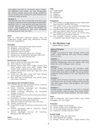 3
menunggang kuda-kuda itu menempuh segala rintangan
dan kepayahan yang berlaku. Dia bijak menggunakan
tipu helahnya dengan berpura-pura sebagai penyelamat
maruah yang kononnya berjuang atas dasar kebenaran dan
menentang segala penipuan.
Rangkap 4
Sang gembala kuda ialah seorang lelaki yang hanya ingin
mengetahui kepantasan larian kudanya tanpa mempedulikan
kepenatan kuda itu. Sang gembala kuda juga hanya tahu
mengejar kejayaan tanpa mengambil tahu kesengsaraan
kuda itu. Sang gembala kuda hanya mementingkan diri
sendiri apabila kuda-kuda itu akan terus ditunggangi
berulang-ulang kali tanpa rasa belas.
Tema
Sajak ini bertemakan kekuasaan penjaga kuda dan
penganiayaan tenaga haiwan yang dilakukannya terhadap
kuda-kuda tunggangannya.
Persoalan
(a)	 Kekuasaan mempengaruhi gaya kepemimpinan.
(b)	 Ketegasan untuk memimpin.
(c)	 Penganiayaan terhadap haiwan.
(d)	 Kepatuhan menurut perintah.
(e)	 Keberanian menempuh cabaran dan rintangan.
(f)	 Kebijaksanaan mengeksploitasi golongan yang lemah.
(g)	 Pasrah dan reda akan ketentuan Ilahi.
Bentuk dan Ciri-ciri Sajak
(a)	 Sajak ini berbentuk bebas atau tidak terikat.
(b)	 Terdiri daripada empat rangkap.
(c)	 Bilangan barisnya tidak sama; rangkap pertama (lima
baris), rangkap kedua (lima baris), rangkap ketiga
(sebelas baris), rangkap keempat (lapan baris).
(d)	 Jumlah patah perkataan antara tiga hingga enam patah
perkataan sebaris.
(e)	 Jumlah suku kata dalam setiap baris terdiri daripada
lapan hingga lima belas suku kata.
(f)	 Rima akhir sajak ini bebas/tidak sama; abcdd, abcab,
aabcccadecc, abaabacc.
Gaya Bahasa dan Keindahan Bunyi
(a)	 Pemilihan kata atau diksi yang indah (puitis). Contohnya,
rembat angkuhnya memacu takut.
(b)	 Epifora. Contohnya, perulangan kata ditunggangi
(rangkap 4, baris 7 dan baris 8).
(c)	 Repetisi. Contohnya, ditunggangi dan ditunggangi
(rangkap 4, baris 8).
(d)	 Metafora. Contohnya, rimba perburuan, paya penindasan,
cemeti durjana.
(e)	 Personifikasi. Contohnya, Rembat angkuhnya memacu
takut, Pacuannya diiring seribu keberanian.
(f)	 Hiperbola. Contohnya, Dimamah rakus kala lapar.
(g)	 Sinkope. Contohnya, tak.
(h)	 Imejan/Perlambangan. Contohnya, rumput, jerami, onak,
lumpur.
(i)	 Asonansi. (perulangan vokal i). Contohnya, sesekali
suaranya lebih gempita.
(j)	 Aliterasi. (perulangan konsonan d). Contohnya,
ditunggangi dan ditunggangi!
Nada
Sajak ini bernada sinis.
Nilai
(a)	 Tanggungjawab.
(b)	 Keberanian.
(c)	 Kegigihan.
(d)	 Kepatuhan.
(e)	 Kebijaksanaan.
Pengajaran
(a)	 Kita hendaklah bertanggungjawab semasa melaksanakan
tugas yang telah diberikan oleh ketua.
(b)	 Kita mestilah berani untuk menghadapi berbagai-bagai
rintangan tanpa mudah berputus asa.
(c)	 Kita perlulah gigih berusaha untuk melaksanakan sesuatu
tugas agar kejayaan dapat kita kecapi akhirnya.
(d)	 Kita sewajarnya patuh akan arahan dan suruhan ketua
demi keharmonian sesebuah organisasi.
(e)	 Kita hendaklah bijaksana semasa merancang serta
menjalankan tugas dengan baiknya dan sempurna.
2.	 Aku Membaca Lagi
	 (Razali Mohd. Yussof)
Maksud Rangkap
Rangkap 1
Penyajak memandang ke langit. Penyajak berasa kerdil
apabila melihat kebesaran Ilahi yang mencipta pelbagai
fenomena alam.
Rangkap 2
Penyajak menelusuri alam yang terbentang dan menyaksikan
gambaran berbagai-bagai fauna dan kejadian alam yang
dicipta Ilahi untuk melengkapi hidup manusia.
Rangkap 3
Penyajak kembali memandang dan memahami langit.
Penyajak mendapati masalah penggunaan bahasa Melayu
banyak berlaku yang akhirnya semakin meruncing. Masalah
penggunaan bahasa Melayu itu kini makin bertambah satu
per satu.
Rangkap 4
Penyajak masih memahami kandungan di langit dan telah
menyaksikan bulan dan bintang menangis kerana bersedih
akan nasib bahasa Melayu yang dipinggirkan oleh bangsa
peribumi sendiri.
Rangkap 5
Penyajak kembali mendongak ke langit. Kali ini, penyajak
turut menyaksikan langit menangisi nasib bahasa Melayu
yang kian tenat dan semakin dilupakan oleh anak bangsa.
Tema
Sajak ini bertemakan nasib bahasa Melayu yang semakin
dipinggirkan oleh anak bangsa.
Persoalan
(a)	 Bahasa sebagai maruah bangsa.
(b)	 Peranan bangsa untuk mendaulatkan bahasa.
(c)	 Jati diri anak bangsa yang kian terancam.
(d)	 Kesyukuran terhadap kebesaran Tuhan.
Bentuk Sajak
(a)	 Berbentuk bebas atau tidak terikat.
(b)	 Terdiri daripada lima rangkap.
(c)	 Bilangan barisnya tidak sama; rangkap pertama (lima
 