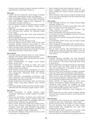 33
datuknya yang merupakan pengamal perubatan tradisional
yang terkenal di serata Pekan Sentosa itu.
Bab Lapan
•	 Selepas solat zuhur berjemaah, datuk menguji Lili dengan
soalan-soalan yang berkaitan dengan hal keagamaan.
•	 Datuk menerangkan kelebihan surah al-Fatihah kepada Lili.
•	 Datuk mengandaikan bahawa ibu dan bapa Lili bersikap
tidak endah berkaitan dengan hal-hal keagamaan. Lili
menidakkan kenyataan datuknya itu.
•	 Datuk menyoroti kisah silam tentang kecuaiannya mendidik
ibu Lili dengan sempurna berkaitan dengan hal-hal
keagamaan.
•	 Datuk juga menceritakan sejarah pendidikan ibunya yang
lulus cemerlang dalam pelajaran dan ditawarkan belajar
di luar negara.
•	 Datuk mengeluh kerana sikap ibunya yang jarang-jarang
pulang ke kampung.
•	 Rashid meletakkan bakul berisi buah-buahan di atas tangga
dan kemudian hilang semula.
•	 Nenek menegur Lili yang mengasari kucing.
•	 Pak Sahak datang ke rumah nenek untuk mencari datuk
berkenaan peristiwa kekecohan yang berlaku di surau
disebabkan kehadiran pemaju perumahan dari pekan.
•	 Datuk merungut sambil memarahi abang kandung Danel,
Sugi yang menghantar kawannya dari satu syarikat memujuk
orang kampung supaya menjual tanah mereka.
Bab Sembilan
•	 Lili terkejut dengan kehadiran tetamu ke rumah datuknya
beberapa minit setelah mereka selesai bersarapan.
•	 Sahabat lama datuknya, William Ng datang bersama dengan
anak bongsunya, Danel.
•	 Nenek memperkenalkan Lili sebagai cucunya kepada
William Ng dan Danel.
•	 Danel memberitahu Lili tentang isu kubah surau yang
hangat diperkatakan oleh penduduk kampung ekoran
tiadanya amalan pemuafakatan.
•	 Danel berterus terang tentang kunjungannya ke rumah
datuk. Danel berasa kurang senang dengan sikap bapanya
yang menggunakan ubat-ubatan herba dan menolak
rawatan moden.
•	 Danel seolah-olah mempertikaikan kemampuan ubat-
ubatan tradisional untuk menyembuhkan penyakit hingga
menyebabkan datuk berasa kecil hati.
•	 Berlaku konflik antara Danel dengan datuk Lili berhubung
kaedah rawatan yang paling berkesan untuk merawat
pesakit.
•	 Datuk teguh dengan pendiriannya bahawa kaedah rawatan
tradisional lebih baik berbanding dengan rawatan moden.
Bab Sepuluh
•	 Nenek memberitahu Lili betapa datuknya sangat
menyayangi pekerjaannya sebagai pengamal perubatan
tradisional.
•	 Nenek juga memberitahu Lili bahawa ramai pesakit yang
sembuh setelah berubat dengan datuknya tetapi kini
seorang demi seorang pesakit itu meninggalkan datuk dan
kaedah rawatan tradisional yang digunakannya.
•	 Menurut nenek, datuk berasa sedih kerana selepas kedua-
dua ibu bapa suaminya meninggal dunia, ibu Lili pula
merupakan orang kedua yang melangkah pergi melalui
jendela rumah itu. Kini, sahabat baiknya, iaitu William Ng
pula akan meninggalkan rawatan tradisionalnya.
•	 Lili bertanyakan datuknya sebab jendela dan pintu rumah
di kampung itu menghadap jalan.
•	 Datuk mengubah topik perbincangannya dengan Lili.
•	 Datuk mengatakan bahawa anak-anak muda kini tidak
pandai menjaga hati orang tua seperti anak-anak William
Ng, Danel.
•	 Datuk meluahkan sikap kurang senangnya terhadap abang
Danel, Sugi yang mempengaruhi pemaju tentang aset yang
ada di kampung itu.
Bab Sebelas
•	 Datuk kehilangan tasbihnya. Dia sangat bimbang dengan
kehilangan tasbihnya itu.
•	 Datuk memberitahu Lili bahawa selama lebih tujuh puluh
tahun dia hidup, baru kini dia terasa penat.
•	 Datuk meminta Lili memberitahu neneknya agar
membancuhkan kopi untuknya.
•	 Nenek membawakan kopi yang diminta oleh datuk.
•	 Lili meminta diri untuk meninggalkan datuk dan neneknya
tetapi ditegah oleh datuk.
•	 Datuk meminta Lili bercerita tentang perkembangan ibunya
yang terkini.
•	 Lili menceritakan perihal ibunya yang dia ketahui kepada
datuk dan neneknya.
•	 Datuk mengajukan berbagai-bagai soalan tentang ibunya.
•	 Datuk menceritakan kisah silam ibunya yang bermula dari
zaman kanak-kanak.
•	 Bagi Lili, ibunya seorang yang berpandangan jauh. Ibu
menghantarnya pulang ke kampung supaya Lili mencari
semula apa-apa yang ditinggalkan oleh ibunya pada suatu
masa dahulu.
Bab Dua Belas
•	 Penduduk kampung bertelagah dan tidak bersepakat
tentang isu pemasangan kubah, iaitu sama ada di bumbung
surau usang atau di bumbung masjid yang belum dibina
di kampung itu.
•	 Nenek mengisahkan semangat pembangunan yang dibawa
oleh perintis, arwah Haji Salihin, orang alim dari Tanah
Jawa, iaitu pembangunan di kampung itu hanya boleh
diadakan selepas seratus tahun.
•	 Menurut nenek, seluruh kampung itu mengalami sumpahan
arwah Haji Salihin kerana pembangunan yang dilakukan.
•	 Ketika Lili berjalan-jalan di bendang, dia melihat sekumpulan
lelaki menuju ke suatu arah dalam keadaan tergesa-gesa
sambil seorang daripadanya mengepit seekor ayam jantan
dan seorang lagi mengepit seekor ayam betina.
•	 Rashid meminta Lili segera pulang ke rumah kerana
keadaan di kampung itu tidaklah setenang dahulu lagi.
•	 Sekumpulan lelaki menjerit dan mengejar dua orang
pemuda yang mengepit ayam dan berlari tergopoh-gapah
kerana terlibat dengan perjudian ayam sabung.
•	 Rashid menawarkan khidmatnya untuk menghantar Lili
pulang.
•	 Ketika mereka tiba di rumah, mereka mendapati terdapat
dua buah kereta nasional di halaman rumah berserta lima
orang tetamu.
Bab Tiga Belas
•	 Lili membantu nenek mengemas dan membasuh pinggan
mangkuk di dapur serta menyediakan makan malam.
•	 Nenek bercerita tentang nasib datuk Lili yang kehilangan
lima lagi pesakitnya yang datang dari Kuala Lumpur
apabila mereka telah menggunakan ubat ajaib untuk
menyembuhkan penyakit.
•	 Lili melihat datuk duduk bersendirian di serambi sambil
berkhayal dalam dunia khayalannya yang tersendiri.
•	 Datuk memberitahu Lili bahawa semua pesakitnya telah lari.
 