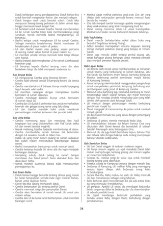 34
Datuk kehilangan punca pendapatannya. Datuk berkira-kira
untuk kembali mengerjakan kebun dan menjadi nelayan.
•	 Datuk bangun awal untuk bersolat subuh. Datuk leka
menyusun barang-barang perhiasan di dalam almari kayu
hingga memasuki lewat tengah hari.
•	 Lili bertekad untuk melawat Geetha. Nenek membenarkan
Lili ke rumah Geetha tetapi tidak membenarkannya pergi
sendirian. Nenek meminta Rashid menghantarnya. Lili
bersetuju.
•	 Rashid terlupa untuk menghantar Lili ke rumah Geetha.
Sebagai menebus kesalahannya, Rashid membawa Lili
berjalan-jalan di pasar malam di pekan.
•	 Lili dan Rashid makan nasi padang secara percuma
di warung makan rakan Rashid di pasar malam itu.
•	 Lili membeli sehelai kemeja bercorak batik tetapi dibayar
oleh Rashid.
•	 Rashid berjanji akan menghantar Lili ke rumah Geetha pada
keesokan pagi.
•	 Lili bertanya kepada Rashid tentang masa dia akan
berkahwin tetapi dia tidak menjawab soalannya itu.
Bab Empat Belas
•	 Lili mengunjungi Geetha yang diserang demam.
•	 Geetha tidak seronok bercuti di kampung kerana dia berasa
bosan.
•	 Geetha memberitahu Lili bahawa ibunya masih berpegang
teguh kepada adat tradisi.
•	 Lili memberi cadangan dengan mempelawa Geetha
bermalam di rumah datuknya.
•	 Geetha mendapat keizinan ibunya untuk bermalam
di rumah datuk Lili.
•	 Geetha dan Lili duduk di perhentian bas untuk memerhatikan
kerenah dan gelagat orang ramai yang lalu-lalang.
•	 Lili dan Geetha mendaki bukit untuk menikmati
pemandangan matahari terbenam dari puncak bukit.
Bab Lima Belas
•	 Geetha memotong sayur dan menyiang ikan hasil
tangkapan laut yang disedekahkan oleh Pak Sahak ketika
Lili dan nenek bersolat maghrib.
•	 Nenek melarang Geetha daripada membantunya di dapur.
•	 Geetha memberitahu nenek bahawa dia berkenalan
dengan Lili sewaktu berada di dalam bas.
•	 Datuk Lili yang masih belum pulang ke rumah walaupun
hari sudah malam mencetuskan kebimbangan kepada
nenek.
•	 Rashid menawarkan bantuannya untuk mencari datuk.
•	 Geetha bertanya kepada Lili sama ada dia ingin menjejaki
kehilangan datuknya.
•	 Menjelang subuh, datuk pulang ke rumah dengan
membawa dua bakul penuh berisi akar-akar kayu dan
daun-daun herba.
•	 Nenek meleteri suaminya kerana tidak memaklumkan
pemergiannya itu.
Bab Enam Belas
•	 Datuk berasa bangga bercerita tentang dirinya yang masuk
ke hutan bersendirian semata-mata ingin mencari bahan-
bahan untuk dijadikan herba.
•	 Danel tiba-tiba datang menziarahi datuk.
•	 Geetha bertanyakan Lili tentang perihal Danel.
•	 Geetha meminati sikap dan penampilan Danel.
•	 Geetha akan bermalam di rumah nenek Lili untuk satu
malam sahaja.
•	 Geetha dan Lili ke kedai runcit berhampiran untuk membeli
barangan runcit.
•	 Mereka dapat melihat peristiwa anak-anak Che Jah yang
dikejar oleh sekumpulan pemuda kerana mencuri harta
benda ibu mereka.
•	 Che Jah menjerit sambil menangis apabila mengenangkan
sikap anak-anaknya yang tidak mengenang budi itu.
•	 Danel datang menemui datuk Lili untuk mendapatkan
khidmat urut badan secara tradisional daripada datuknya.
Bab Tujuh Belas
•	 Danel menulis berbelas-belas artikel dalam buku yang
berjudul ‘Segalanya tentang Pisang’.
•	 Artikel tersebut memaparkan rencana kejayaan seorang
remaja menjadi pekebun pisang yang berjaya di Tenom,
Sabah.
•	 Danel juga menulis artikel tentang perihal pisang, iaitu
setiap bahagian pisang berfungsi untuk merawat penyakit
atau menjadi penawar kepada pesakit.
Bab Lapan Belas
•	 Lili diminta oleh nenek untuk membancuhkan air minuman
untuki tetamu yang berkunjung ke rumah datuknya, iaitu
Pak Sahak, Kiai Baharom, Imam Sanusi, dan ketua kampung.
•	 Mereka berbincang perihal pembinaan masjid baharu
di Kampung Sentosa.
•	 Ketua kampung meminta datuk menggunakan pengaruhnya
untuk menyedarkan penduduk kampung berhubung arus
pembangunan yang pesat di kampung mereka.
•	 Menurut ketua kampung lagi, penduduk kampung ini masih
terperangkap dalam sejarah lampau dan masih berkhayal
dengan nilai nostalgia jendela menghadap jalan yang telah
dirintis oleh generasi awal keluarga datuk.
•	 Lili mencuri dengar perbincangan mereka berhubung
pembinaan masjid itu.
•	 Danel mengajak Lili menemaninya ke pekan untuk membeli
minyak gamat.
•	 Lili dan Danel menaiki bas yang sesak dengan penumpang
ke pekan.
•	 Setibanya di pekan, mereka memasuki kedai ubat.
•	 Lili mendedahkan bahawa dia faham bahasa Cina yang
dituturkan oleh Danel kerana dia bersekolah di sebuah
Sekolah Menengah Jenis Kebangsaan Cina.
•	 Menurut Lili, dia juga boleh berbahasa Jepun, bahasa Thai,
dan bahasa Latin dengan baiknya serta sedang mempelajari
bahasa Spanish Castanuelas.
Bab Sembilan Belas
•	 Lili dan Danel singgah di restoran makanan segera.
•	 Lili hanya minum segelas jus epal manakala Danel telah
makan dua biji burger, kentang goreng, dan minum segelas
air minuman berkarbonat.
•	 Selepas itu, mereka pergi ke pasar raya untuk membeli
barang-barang yang diperlukan.
•	 Mereka pulang ke Kampung Sentosa dengan menaiki bas.
•	 Setibanya di kampung, Lili melihat Rafiq yang memegang
senjata tajam dikejar oleh beberapa orang lelaki
di belakangnya.
•	 Secara tiba-tiba, Rafiq meluru ke arah Lili. Rafiq menculik
Lili dan menahannya sebagai orang tahanan.
•	 Rafiq berkeras akan mencederakan Lili jika ada antara lelaki
itu yang mencuba mendekatinya.
•	 Lili pengsan. Apabila Lili sedar, dia mendapati kedua-dua
belah tangannya diikat ke belakang dan dia disembunyikan
di sebuah pondok buruk.
•	 Lili dapat mendengar butir-butir perbalahan yang
berlaku antara Rafiq dengan Haziq berhubung dengan
penahanannya.
 