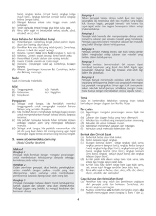 4
baris), rangkap kedua (empat baris), rangkap ketiga
(tujuh baris), rangkap keempat (empat baris), rangkap
kelima (empat baris).
(d)	 Bilangan katanya antara satu hingga enam patah
perkataan.
(e)	 Terdiri daripada empat hingga dua belas suku kata.
(f)	 Rima akhir sajak ini bebas/tidak terikat; abcde, abcd,
abcdedf, abcd, abcd.
Gaya Bahasa dan Keindahan Bunyi
(a)	 Perlambangan. Contohnya, langit, pohon-pohon kayan,
daun dan ranting, daun-daun.
(b)	 Pemilihan kata atau diksi yang indah (puitis). Contohnya,
desiran ombak dan wajah pelangi.
(c)	 Repetisi. Contoh: helai demi helai (rangkap 3, baris 6).
(d)	 Metafora. Contoh: wajah pelangi, lantai tanah airku.
(e)	 Personifikasi. Contoh: dahan dan ranting terkulai.
(f)	 Inversi. Contoh: menitis air mata langit.
(g)	 Asonansi. (perulangan vokal u). Contohnya, kicauan
burung.
(h)	 Aliterasi. (perulangan konsonan b). Contohnya, bulan
dan bintang menangis.
Nada
Sajak ini bernada melankolik.
Nilai
(a)	 Tanggungjawab.	 (d)	 Patriotik.
(b)	 Keberanian.	 (e)	 Kegigihan.
(c)	 Kesyukuran.
Pengajaran
(a)	 Sebagai anak bangsa, kita hendaklah memikul
tanggungjawab untuk mengangkat martabat bahasa
Melayu yang semakin dilupakan.
(b)	 Kita mestilah berani menghadapi berbagai-bagai cabaran
untuk mempertahankan maruah bahasa Melayu daripada
tercemar.
(c)	 Kita perlulah bersyukur kepada Tuhan terhadap ciptaan
pelbagai kejadian alam yang melengkapi kehidupan
manusia.
(d)	 Sebagai anak bangsa, kita perlulah menanamkan sifat
jati diri yang kuat dalam diri masing-masing agar dapat
menangkis segala bentuk ancaman yang berunsur negatif.
3.	 www.sibermerdeka.com.my
(Abdul Ghaffar Ibrahim)
Maksud
Rangkap 1
Penyajak telah bertekad dengan mengatur perancangan
untuk membebaskan kehidupannya daripada belenggu
kemiskinan pada setiap masa.
Rangkap 2
Dalam pemikiran penyajak, akan berlaku pertelingkahan
antara masalah dengan perkara mudah yang akan
ditempuhinya dalam usahanya untuk membebaskan
pemikirannya daripada dipergunakan oleh orang lain.
Rangkap 3
Penyajak merasakan bahawa dalam meniti kehidupannya,
banyak dugaan dan cabaran yang akan ditempuhinya.
Pelbagai dugaan yang berlaku itu menguji kesabaran dan
keimanan dirinya.
Rangkap 4
Tatkala penyajak berasa dirinya sudah kuat dan teguh,
kadangkala dia terperdaya oleh tipu muslihat yang begitu
licik. Namun begitu, penyajak bernasib baik kerana dia
cepat-cepat sedar dan segera berwaspada dalam setiap
tindak-tanduknya.
Rangkap 5
Penyajak telah bersedia dan mempersiapkan dirinya untuk
menerima cabaran dan sesuatu masalah yang mendatang.
Penyajak juga perlu berani menyahut cabaran dan masalah
yang bakal dihadapi dalam kehidupannya.
Rangkap 6
Penyajak semakin matang, berani, dan tidak berasa gentar
dalam menghadapi setiap cabaran dan masalah yang
berlaku dalam kehidupannya.
Rangkap 7
Penyajak sentiasa bermuhasabah diri supaya dapat
membuat keputusan yang tepat dan lebih teguh agar
perjuangan hidupnya tidak lagi tersasar, lebih-lebih lagi
dalam era globalisasi.
Rangkap 8
Penyajak banyak menempuhi peristiwa pahit dan manis
sepanjang kehidupannya. Dalam usia yang sudah meningkat
tua, penyajak mengingatkan dirinya agar tidak mempersia-
siakan saki-baki kehidupannya, sebaliknya mengisi masa-
masa tuanya dengan mendekatkan dirinya kepada Tuhan.
Tema
Sajak ini bertemakan ketabahan seorang insan tatkala
berhadapan dengan dugaan dan liku-liku hidup.
Persoalan
(a)	 Kepentingan mengatur perancangan secara bijak dan
teliti.
(b)	 Cabaran dan dugaan hidup yang harus ditempuhi.
(c)	 Kelicikan tipu muslihat yang memperdayakan seseorang.
(d)	 Kekuatan diri untuk melawan musuh.
(e)	 Keberanian menempuh cabaran dan rintangan.
(f)	 Keinsafan untuk membaiki kelemahan diri.
Bentuk dan Ciri-ciri Sajak
(a)	 Berbentuk bebas atau tidak terikat.
(b)	 Terdiri daripada lapan rangkap.
(c)	 Bilangan barisnya dalam setiap rangkap tidak sama;
rangkap pertama (empat baris), rangkap kedua (empat
baris), rangkap ketiga (tiga baris), rangkap keempat (tiga
baris), rangkap kelima (lima baris) rangkap keenam
(lima baris), rangkap ketujuh (tujuh baris), dan rangkap
kelapan (lapan baris).
(d)	 Jumlah patah kata dalam setiap baris tidak sama, iaitu
antara tiga hingga lapan patah kata.
(e)	 Jumlah suku kata dalam setiap baris juga tidak sama,
iaitu antara tujuh hingga sembilan belas suku kata.
(f)	 Rima akhir sajak ini bebas; abac, abac, abb, abc, abbcd,
abcbc, abcdefe, dan aabcadad.
Gaya Bahasa dan Keindahan Bunyi
(a)	 Pemilihan kata yang indah dan pembinaan ungkapan
oleh penyajak puitis dan berkesan. Contohnya, aku
tanam saujana rancangan.
(b)	 Anafora. Contohnya; aku berlatih menangkis angin, aku
berlatih memunggah awan (rangkap 5, baris 1 dan 2).
 