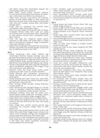 44
oleh Doktor Uwang telah membuahkan kejayaan dan
perkembangan positif pusat rawatan itu.
•	 Ketika Doktor Uwang sedang menonton televisyen
di rumah bersama-sama dengan isteri jelitanya, dia seakan-
akan melihat wajah anak Raiha di kaca televisyen itu.
•	 Tatkala Felicia memasuki ruang farmasi, dia merasakan
bahawa dia telah tersilap langkah ke salah sebuah wad
kelas biasa dan telah bersua muka dengan seorang pesakit
lelaki yang telah mengadu tentang infeksi yang berlaku
terhadap dirinya.
•	 Pesakit lelaki itu mengamuk dan meminta Felicia
mendapatkan Doktor Raiha dengan segera.
•	 Felicia memujuk dengan lembut pesakit lelaki itu dengan
mengatakan bahawa Doktor Raiha sudah pun pulang
ke rumahnya kerana hari telah lewat malam. Pesakit lelaki
itu tetap berkeras meminta Felicia mendapatkan Doktor
Raiha untuknya.
•	 Felicia naik angin dan mengamuk apabila layanan
lembutnya itu tidak dilayan oleh pesakit lelaki itu. Pesakit
lelaki itu kemudiannya mengamuk hingga menyebabkan
Felicia jatuh terjelepok di lantai.
•	 Apabila Felicia mengangkat mukanya kembali, rupa-rupanya
peristiwa yang berlaku tadi hanyalah khayalan semata-mata
dan dia sebenarnya berada di stor PRPK.
Bab 5
•	 Uwang mengunjungi kelab malam eksklusif bagi
menenangkan fikirannya daripada terdengar suara dan
gambaran kanak-kanak perempuan mirip wajah anak Raiha.
•	 Terngiang-ngiang kembali di ingatannya tentang cerita isteri
jelitanya berkaitan dengan apa-apa yang palsu, murah, dan
tidak bermutu yang dirungutkan oleh bapanya, Datu Ontong.
•	 Tiba-tiba Uwang teringat akan Raiha yang telah menjalankan
operasi pembedahan penggantian sendi pinggul Unong
Siron yang keenam pada petang tadi.
•	 Walaupun malam kian lewat, Uwang melihat jumlah
pengunjung ke kelab malam itu semakin bertambah.
•	 Uwang terkenang akan kenangannya bersama-sama
dengan isteri-isteri tidak rasminya yang sudah lama tidak
dikunjunginya.
•	 Uwang terbayang akan wajah Unong Siron, wajah Raiha,
dan teringat akan kata-kata isteri jelitanya berkaitan dengan
gambaran palsu yang wujud kini.
•	 Felicia termangu dengan persoalan tentang khidmatnya
di pusat rawatan itu.
•	 Doktor Mohammad telah dipanggil bertugas on call pada
malam itu disebabkan terdapat kes kelahiran pramatang
dan bayi itu menghadapi masalah kesukaran bernafas.
•	 Kedengaran beberapa orang lelaki dan wanita, kaum
kerabat kepada pesakit seakan-akan mendengar rugutan
Doktor Mohammad berkaitan dengan panggilan palsu.
•	 Doktor Mohammad mengusik Felicia di hadapan Ariana.
•	 Doktor Mohammad mengambil keputusan untuk tidur dan
berehat di bilik rehat PRPK kerana dia malas untuk pulang
ke rumahnya.
•	 Felicia teringat akan peristiwa seorang pemuda yang
menceroboh dan menyamar sebagai doktor di PRPK
tempoh hari.
•	 Felicia juga teringat kembali kejadian kereta Porsche milik
Doktor Sadiz yang terbakar hingga hangus rentung di tepi
sebuah rumah tumpangan sehingga turut mengorbankan
seorang kanak-kanak perempuan, anak Doktor Raiha.
•	 Felicia ke bilik air untuk menyejukkan kulit mukanya yang
terasa hangat tetapi dia merasakan seolah-olah dia berada
di bilik kuliah yang sedang menyaksikan demonstrasi
tentang pelbagai jenis posisi pesakit.
•	 Felicia mendapati wajah penceramahnya menyerupai
Doktor Uwang manakala salah seorang jururawat pelatih
menyerupai wajah Unong Siron.
•	 Ariana menyangkakan Felicia menangis sambil duduk
di lantai bilik air yang basah kerana jatuh akibat tergelincir.
•	 Felicia kehairanan bagaimana dia boleh duduk di lantai bilik
air yang basah itu.
Bab 6
•	 Uwang teringat akan kereta Porsche Doktor Sadiz yang
terbakar hingga rentung itu.
•	 Uwang teringat kembali tentang Raiha yang menidakkan
kereta mewah milik suaminya itu terbakar sendiri sambil
meratap kesedihan di luar bangunan sebuah mahkamah
syariah.
•	 Dengan tegas, Raiha menuduh Doktor Sadiz yang telah
membakar keretanya sendiri.
•	 Uwang terbayangkan kisah dia memandu kereta Volvo 960
warna biru tua miliknya ke pekarangan banglo kondominium
Doktor Sadiz.
•	 Ketika itu, Raiha masih bertugas di Hospital Kinabalu
bersama Doktor Sadiz.
•	 Uwang pula ketika itu baru sahaja mengambil alih PRPK
daripada bapanya.
•	 Datu Ontong meminta Uwang menghantar Pak Usunya,
iaitu Doktor Sadiz pulang ke rumah kerana Pak Usunya tidak
membawa kereta. Begitu jugalah dengan Felicia yang kebetulan
tinggal berhampiran dengan kediaman Doktor Sadiz.
•	 Setibanya di kondominiumnya, Doktor Sadiz mendapati
Raiha telah melarikan diri bersama-sama dengan anaknya,
Ayu dan kereta Porsche milik Doktor Sadiz.
•	 Secara jujur, Uwang menyatakan keikhlasannya untuk
membantu Pak Usunya mencari Raiha dan anaknya, Ayu.
•	 Felicia berasa tidak selesa melihat keadaan tersebut dan
memohon untuk pulang sendiri.
•	 Uwang tidak mengizinkan Felicia keluar dari keretanya
kerana dia telah berjanji untuk menghantar Felicia pulang
dalam keadaan selamat.
•	 Uwang memuji Felicia kerana paling berdedikasi ketika
menjalankan tugas di PRPK.
•	 Dia bercadang untuk menaikkan pangkat Felicia dan
memberikannya gaji yang setimpal dengan pangkat yang
diperolehnya nanti.
•	 Kenangan Uwang tentang kisah itu hilang tiba-tiba apabila
isteri jelitanya muncul di ambang pintu.
•	 Isteri jelita Uwang memaklumkan panggilan telefon yang
diterimanya daripada Raiha yang ingin berbincang dengan
Uwang tentang pesakit bernama Unong Siron.
•	 Uwang dapat melihat secara tiba-tiba seorang kanak-kanak
perempuan telah muncul berhampiran dengan kereta
mewahnya dan menjerit-jerit apabila tubuh comelnya itu
dijilat api.
•	 Raiha berada di dalam kondominiumnya. Dia mengingati
kata-kata suaminya yang tidak akan melepaskannya sampai
dia mati.
•	 Raiha teringat akan kisah rumah tangganya bersama-sama
dengan Doktor Sadiz.
•	 Raiha juga terimbas kembali perbualannya dengan Doktor
Uwang berkaitan dengan operasi pembedahan penggantian
sendi pinggul yang telah dijalankan terhadap Unong Siron
petang tadi.
•	 Raiha teringat akan layanan kasar Felicia terhadap ibu tua
Unong Siron tempoh hari.
•	 Raiha juga teringat tentang beberapa aduan dan rungutan
yang diterima daripada ahli keluarga para pesakit Doktor
Uwang.
 