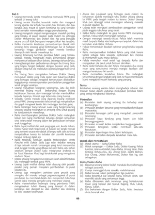 46
Bab 9
•	 Uwang memandu kereta mewahnya memasuki PRPK yang
terletak di lereng bukit.
•	 Uwang secara tiba-tiba tersentak nafas dan mengerut
kening apabila dia terhidu bau iodin, bau formalin, dan bau
bangkai atau mayat di dalam keretanya itu yang semakin
lama semakin menyesakkan rongga pernafasannya.
•	 Uwang mengeluh singkat mengenangkan masalah penting
yang berlaku di pusat rawatan pada malam itu sehingga
Doktor Mohammad dan Doktor Alex Ng yang bertugas
secara on call tidak berupaya mengendalikan kes tersebut.
•	 Ketika memandu keretanya, pemanduannya diasak oleh
seorang demi seorang yang berterbangan liar di hadapan
keretanya hingga gambaran wajah mereka berkecai
dirempuh oleh kereta mewahnya itu.
•	 Uwang terkenang kembali peristiwa hitam yang berlaku
selepas mereka menghadiri majlis bersempena dengan
menyambut ketibaan tahun baharu, beberapa tahun dahulu.
•	 Uwang teringat akan perbualannya dengan ibu Unong Siron
yang begitu hangat berkaitan dengan bayaran yang perlu
dibayar setiap kali dia melakukan operasi penggantian sendi
tulang.
•	 Ibu Unong Siron mengatakan bahawa Doktor Uwang
merupakan doktor yang mata duitan dan bukannya doktor
yang bertugas sebagai pengabdi kemanusiaan disebabkan
kegagalannya menyempurnakan pembedahan penggantian
sendi pinggul anaknya.
•	 Uwang meluahkan keinginan sebenarnya, iaitu dia lebih
meminati bidang muzik berbanding dengan bidang
kedoktoran. Namun, demi menjaga hati dan membuktikan
kepada bapanya, dituruti juga kehendak orang tuanya.
•	 Sewaktu kereta mewah yang dipandu Uwang melewati
pintu PRPK, Uwang tersentak nafas sekali lagi menyebabkan
dia gagal mengawal kereta lalu melanggar tembok garaj.
•	 Raiha terdengar bunyi letusan suara yang bergemerincing
sewaktu sedang melangkah ke ambang pintu untuk pulang
ke kondominium mewahnya.
•	 Raiha membayangkan peristiwa Doktor Sadiz melangkah
keluar dari ruang mahkamah keluarga dengan senyuman
sinis kerana telah menang dalam kes perbicaraan kematian
anak tunggalnya.
•	 Raiha dapat melihat dari jarak yang agak jauh, kereta baharu
Doktor Sadiz telah terperosok di bawah lori tangki minyak
yang terhenti secara mendadak di lampu trafik dan akhirnya
menyebabkan kereta itu terbakar dan pemilik keretanya
hangus rentung dijilat api.
•	 Raiha tersendu kepiluan apabila terbayangkan kereta
Porsche milik Doktor Sadiz juga telah terbakar rentung
di tepi sebuah rumah tumpangan yang turut menyambar
anak tunggal mereka yang dibawa lari oleh Raiha, iaitu sehari
sebelum sempat Doktor Sadiz menghantar anaknya itu
ke Pusat Rawatan Khas bagi kanak-kanak yang mengalami
sindrom Down.
•	 Doktor Uwang mengalami kecederaan parah akibat terbabas
lalu melanggar tembok garaj PRPK.
•	 Uwang dapat melihat dirinya telah diusung oleh pesakit-
pesakit yang pernah menjalani pembedahan di pusat
rawatan itu.
•	 Uwang juga mengalami peristiwa para pesakit yang
mengaku diri mereka sebagai pegawai-pegawai di pusat
perubatan itu membelek-belek dan menyentuh tubuhnya
sambil cuba meneka penyakit yang menimpa Uwang.
•	 Raiha memerhatikan beberapa orang pembantu PRPK
mengeluarkan tubuh Uwang yang tersepit di dalam
keretanya dan diangkat ke atas stretcher lalu disorong
ke bilik rawatan kecemasan.
•	 Ariana dan jururawat yang bertugas pada malam itu
kehairanan apabila mendapat tahu Doktor Uwang datang
ke PRPK pada tengah malam itu kerana Doktor Uwang
tidak pun dipanggil untuk menangani sebarang masalah
di pusat rawatan itu.
•	 Uwang telah menjalani pembedahan penggantian sendi
pada anggota tubuhnya yang rosak.
•	 Ketika Raiha melangkah ke garaj kereta PRPK menjelang
dinihari, Felicia telah memanggil namanya.
•	 Dengan menangis tersedu-sedan, Felicia telah meminta
maaf daripada Raiha atas kesilapannya terjebak dalam kes
kematian anak Raiha, Rohayu.
•	 Felicia menceritakan keadaan sebenar yang berlaku kepada
Raiha.
•	 Raiha mempersoalkan tindakan Felicia yang tidak berani
tampil sebagai saksi sewaktu perbicaraan kes mereka
di mahkamah suatu masa dahulu.
•	 Felicia memohon maaf sekali lagi daripada Raiha dan
mengatakan dia takut untuk berbuat demikian.
•	 Raiha sedar bahawa dia dan Felicia merupakan dua orang
insan yang sama-sama menjadi mangsa keadaan dan
mangsa kerakusan diri sendiri.
•	 Raiha memaafkan kesalahan Felicia. Dia melangkah
ke keretanya dengan langkah yang pasti. Air hujan membasahi
bumi mengakhiri musim kemarau yang panjang.
Tema
Ketabahan seorang wanita dalam menghadapi cabaran dan
tekanan hidup dalam usahanya melupakan peristiwa hitam
yang sering menghantui fikirannya.
Persoalan
(a)	 Persoalan kasih sayang seorang ibu terhadap anak
kandungnya.
(b)	 Persoalan dendam kesumat yang merosakkan kehidupan
masyarakat.
(c)	 Persoalan kenangan pahit yang mengubah personaliti
seseorang.
(d)	 Persoalan bapa kandung yang kejam dan tidak
bertanggungjawab.
(e)	 Persoalan amanah ketika menjalankan tanggungjawab.
(f)	 Persoalan ketegasan ketika membuat satu-satu
keputusan.
(g)	 Persoalan kepentingan ilmu dalam kehidupan.
(h)	 Persoalan keinsafan daripada kesalahan masa lalu.
Watak dan Perwatakan
(a)	 Watak utama – Raiha/Doktor Raiha
(b)	 Watak sampingan – Doktor Sadiz, Doktor Uwang, Felicia
Landosi, Ariana Abdullah, bapa Raiha, Unong Siron, Datu
Ontong, Rohayu/Ayu, ibu Unong Siron, Kartini Borhan,
Lisa Chung, Doktor Mohammad, Doktor Alex Ng, dan
sebagainya.
Raiha/Doktor Raiha
(a)	 Bapanya seorang doktor bedah manakala ibunya bertugas
sebagai jururawat.
(b)	 Ibunya meninggal dunia sewaktu melahirkannya.
(c)	 Raiha berusia dalam pertengahan tiga puluhan.
(d)	 Raiha berambut ikal separas bahu, berkulit cerah, dan
memiliki tubuh yang semampai tinggi.
(e)	 Raiha dibesarkan oleh neneknya yang berketurunan
Idaan yang berasal dari Nunuk Ragang, Hulu Labuk,
Ranau, Sabah.
(f)	 Dia berkahwin dengan Doktor Sadiz, lelaki berstatus
duda beranak dua.
 