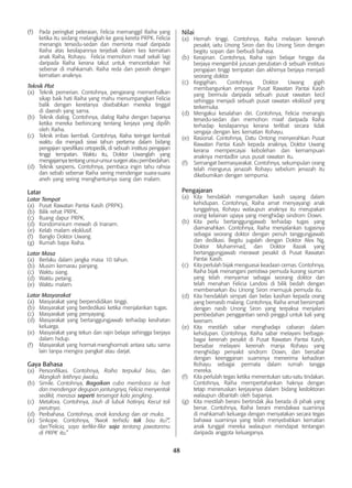 48
(f)	 Pada peringkat peleraian, Felicia memanggil Raiha yang
ketika itu sedang melangkah ke garaj kereta PRPK. Felicia
menangis tersedu-sedan dan meminta maaf daripada
Raiha atas kesilapannya terjebak dalam kes kematian
anak Raiha, Rohayu. Felicia memohon maaf sekali lagi
daripada Raiha kerana takut untuk menceritakan hal
sebenar di mahkamah. Raiha reda dan pasrah dengan
kematian anaknya.
Teknik Plot
(a)	 Teknik pemerian. Contohnya, pengarang memerihalkan
sikap baik hati Raiha yang mahu menumpangkan Felicia
balik dengan keretanya disebabkan mereka tinggal
di daerah yang sama.
(b)	 Teknik dialog. Contohnya, dialog Raiha dengan bapanya
ketika mereka berbincang tentang kerjaya yang dipilih
oleh Raiha.
(c)	 Teknik imbas kembali. Contohnya, Raiha teringat kembali
waktu dia menjadi siswi tahun pertama dalam bidang
pengajian spesifikasi ortopedik, di sebuah institusi pengajian
tinggi tempatan. Waktu itu, Doktor Uwanglah yang
mengajarnya tentang unsur-unsur surgeri atau pembedahan.
(d)	 Teknik saspens. Contohnya, pembaca ingin tahu rahsia
dan sebab sebenar Raiha sering mendengar suara-suara
aneh yang sering menghantuinya siang dan malam.
Latar
Latar Tempat
(a)	 Pusat Rawatan Pantai Kasih (PRPK).
(b)	 Bilik rehat PRPK.
(c)	 Ruang dapur PRPK.
(d)	 Kondominium mewah di Inanam.
(e)	 Kelab malam eksklusif.
(f)	 Banglo Doktor Uwang.
(g)	 Rumah bapa Raiha.
Latar Masa
(a)	 Berlaku dalam jangka masa 10 tahun.
(b)	 Musim kemarau panjang.
(c)	 Waktu siang.
(d)	 Waktu petang.
(e)	 Waktu malam.
Latar Masyarakat
(a)	 Masyarakat yang berpendidikan tinggi.
(b)	 Masyarakat yang berdedikasi ketika menjalankan tugas.
(c)	 Masyarakat yang penyayang.
(d)	 Masyarakat yang bertanggungjawab terhadap kesihatan
keluarga.
(e)	 Masyarakat yang tekun dan rajin belajar sehingga berjaya
dalam hidup.
(f)	 Masyarakat yang hormat-menghormati antara satu sama
lain tanpa mengira pangkat atau darjat.
Gaya Bahasa
(a)	 Personifikasi. Contohnya, Raiha terpukul bisu, dan
Alangkah letihnya jiwaku.
(b)	 Simile. Contohnya, Bagaikan cuba membaca isi hati
dan mendengar degupan jantungnya, Felicia menyentak
sedikit, merasai seperti tersengat kala jengking.
(c)	 Metafora. Contohnya, Jauh di lubuk hatinya, Kecut tali
perutnya.
(d)	 Peribahasa. Contohnya, anak kandung dan air muka.
(e)	 Sinkope. Contohnya, “Awak terhidu tak bau itu?”,
dan“Felicia, saya terfikir-fikir saja tentang jawatanmu
di PRPK itu.”
Nilai
(a)	 Hemah tinggi. Contohnya, Raiha melayan kerenah
pesakit, iaitu Unong Siron dan ibu Unong Siron dengan
begitu sopan dan berbudi bahasa.
(b)	 Kerajinan. Contohnya, Raiha rajin belajar hingga dia
berjaya mengambil jurusan perubatan di sebuah institusi
pengajian tinggi tempatan dan akhirnya berjaya menjadi
seorang doktor.
(c)	 Kegigihan. Contohnya, Doktor Uwang gigih
membangunkan empayar Pusat Rawatan Pantai Kasih
yang bermula daripada sebuah pusat rawatan kecil
sehingga menjadi sebuah pusat rawatan eksklusif yang
terkemuka.
(d)	 Mengakui kesalahan diri. Contohnya, Felicia menangis
tersedu-sedan dan memohon maaf daripada Raiha
terhadap kesilapannya kerana terlibat secara tidak
sengaja dengan kes kematian Rohayu.
(e)	 Rasional. Contohnya, Datu Ontong menyerahkan Pusat
Rawatan Pantai Kasih kepada anaknya, Doktor Uwang
kerana mempercayai kebolehan dan kemampuan
anaknya mentadbir urus pusat rawatan itu.
(f)	 Semangat bermasyarakat. Contohnya, sekumpulan orang
telah mengurus jenazah Rohayu sebelum jenazah itu
dikebumikan dengan sempurna.
Pengajaran
(a)	 Kita hendaklah mengamalkan kasih sayang dalam
kehidupan. Contohnya, Raiha amat menyayangi anak
tunggalnya, Rohayu walaupun anaknya itu merupakan
orang kelainan upaya yang menghidap sindrom Down.
(b)	 Kita perlu bertanggungjawab terhadap tugas yang
diamanahkan. Contohnya, Raiha menjalankan tugasnya
sebagai seorang doktor dengan penuh tanggungjawab
dan dedikasi. Begitu jugalah dengan Doktor Alex Ng,
Doktor Muhammad, dan Doktor Razak yang
bertanggungjawab merawat pesakit di Pusat Rawatan
Pantai Kasih.
(c)	 Kita perlulah bijak menguasai keadaan cemas. Contohnya,
Raiha bijak menangani peristiwa pemuda kurang siuman
yang telah menyamar sebagai seorang doktor dan
telah menahan Felicia Landosi di bilik bedah dengan
membenarkan ibu Unong Siron memujuk pemuda itu.
(d)	 Kita hendaklah simpati dan belas kasihan kepada orang
yang bernasib malang. Contohnya, Raiha amat bersimpati
dengan nasib Unong Siron yang terpaksa menjalani
pembedahan penggantian sendi pinggul untuk kali yang
keenam.
(e)	 Kita mestilah sabar menghadapi cabaran dalam
kehidupan. Contohnya, Raiha sabar melayani berbagai-
bagai kerenah pesakit di Pusat Rawatan Pantai Kasih,
bersabar melayani kerenah manja Rohayu yang
menghidap penyakit sindrom Down, dan bersabar
dengan keengganan suaminya menerima kehadiran
Rohayu sebagai permata dalam rumah tangga
mereka.
(f)	 Kita perlulah tegas ketika menentukan satu-satu tindakan.
Contohnya, Raiha mempertahankan haknya dengan
tetap meneruskan kerjayanya dalam bidang kedoktoran
walaupun dibantah oleh bapanya.
(g)	 Kita mestilah berani bertindak jika berada di pihak yang
benar. Contohnya, Raiha berani mendakwa suaminya
di mahkamah keluarga dengan menyatakan secara tegas
bahawa suaminya yang telah menyebabkan kematian
anak tunggal mereka walaupun mendapat tentangan
daripada anggota keluarganya.
 