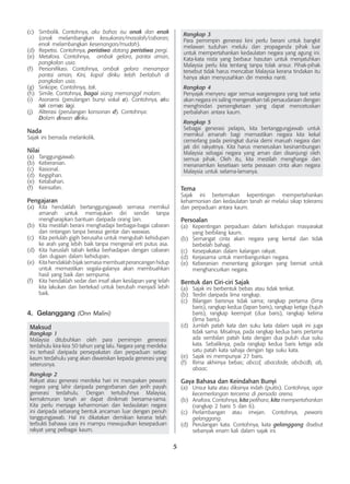 5
(c)	 Simbolik. Contohnya, aku bahas isu onak dan enak
(onak melambangkan kesukaran/masalah/cabaran;
enak melambangkan kesenangan/mudah).
(d)	 Repetisi. Contohnya, peristiwa datang peristiwa pergi.
(e)	 Metafora. Contohnya, ombak gelora, pantai aman,
pangkalan usia.
(f)	 Personifikasi. Contohnya, ombak gelora menampar
pantai aman, Kini, kapal diriku telah berlabuh di
pangkalan usia.
(g)	 Sinkope. Contohnya, tak.
(h)	 Simile. Contohnya, bagai siang memanggil malam.
(i)	 Asonansi (perulangan bunyi vokal a). Contohnya, aku
tak cemas lagi.
(j)	 Aliterasi (perulangan konsonan d). Contohnya:
	 Dalam dewan diriku.
Nada
Sajak ini bernada melankolik.
Nilai
(a)	 Tanggungjawab.
(b)	 Keberanian.
(c)	 Rasional.
(d)	 Kegigihan.
(e)	 Ketabahan.
(f)	 Keinsafan.
Pengajaran
(a)	 Kita hendaklah bertanggungjawab semasa memikul
amanah untuk memajukan diri sendiri tanpa
mengharapkan bantuan daripada orang lain.
(b)	 Kita mestilah berani menghadapi berbagai-bagai cabaran
dan rintangan tanpa berasa gentar dan waswas.
(c)	 Kita perlulah gigih berusaha untuk mengubah kehidupan
ke arah yang lebih baik tanpa mengenal erti putus asa.
(d)	 Kita haruslah tabah ketika berhadapan dengan cabaran
dan dugaan dalam kehidupan.
(e)	 Kita hendaklah bijak semasa membuat perancangan hidup
untuk memastikan segala-galanya akan membuahkan
hasil yang baik dan sempurna.
(f)	 Kita hendaklah sedar dan insaf akan kesilapan yang telah
kita lakukan dan bertekad untuk berubah menjadi lebih
baik.
4.	 Gelanggang (Onn Malini)
Maksud
Rangkap 1
Malaysia ditubuhkan oleh para pemimpin generasi
terdahulu kira-kira 50 tahun yang lalu. Negara yang merdeka
ini terhasil daripada persepakatan dan perpaduan setiap
kaum terdahulu yang akan diwariskan kepada generasi yang
seterusnya.
Rangkap 2
Rakyat atau generasi merdeka hari ini merupakan pewaris
negara yang lahir daripada pengorbanan dan jerih payah
generasi terdahulu. Dengan tertubuhnya Malaysia,
kemakmuran tanah air dapat dinikmati bersama-sama.
Kita perlu menjaga keharmonian dan kedaulatan negara
ini daripada sebarang bentuk ancaman luar dengan penuh
tanggungjawab. Hal ini dikatakan demikian kerana telah
terbukti bahawa cara ini mampu mewujudkan kesepaduan
rakyat yang pelbagai kaum.
Rangkap 3
Para pemimpin generasi kini perlu berani untuk bangkit
melawan tuduhan melulu dan propaganda pihak luar
untuk mempertahankan kedaulatan negara yang agung ini.
Kata-kata nista yang berbaur hasutan untuk menjatuhkan
Malaysia perlu kita tentang tanpa tolak ansur. Pihak-pihak
tersebut tidak harus mencabar Malaysia kerana tindakan itu
hanya akan menyusahkan diri mereka nanti.
Rangkap 4
Penyajak menyeru agar semua warganegara yang taat setia
akan negara ini saling mengeratkan tali persaudaraan dengan
menghindari persengketaan yang dapat mencetuskan
perbalahan antara kaum.
Rangkap 5
Sebagai generasi pelapis, kita bertanggungjawab untuk
memikul amanah bagi memastikan negara kita kekal
cemerlang pada peringkat dunia demi maruah negara dan
jati diri rakyatnya. Kita harus meneruskan kesinambungan
Malaysia sebagai negara yang aman dan disanjungi oleh
semua pihak. Oleh itu, kita mestilah menghargai dan
menanamkan kesetiaan serta perasaan cinta akan negara
Malaysia untuk selama-lamanya.
Tema
Sajak ini bertemakan kepentingan mempertahankan
keharmonian dan kedaulatan tanah air melalui sikap toleransi
dan perpaduan antara kaum.
Persoalan
(a)	 Kepentingan perpaduan dalam kehidupan masyarakat
yang berbilang kaum.
(b)	 Semangat cinta akan negara yang kental dan tidak
berbelah bahagi.
(c)	 Kesepakatan dalam kalangan rakyat.
(d)	 Kerjasama untuk membangunkan negara.
(e)	 Keberanian menentang golongan yang berniat untuk
menghancurkan negara.
Bentuk dan Ciri-ciri Sajak
(a)	 Sajak ini berbentuk bebas atau tidak terikat.
(b)	 Terdiri daripada lima rangkap.
(c)	 Bilangan barisnya tidak sama; rangkap pertama (lima
baris), rangkap kedua (lapan baris), rangkap ketiga (tujuh
baris), rangkap keempat (dua baris), rangkap kelima
(lima baris).
(d)	 Jumlah patah kata dan suku kata dalam sajak ini juga
tidak sama. Misalnya, pada rangkap kedua baris pertama
ada sembilan patah kata dengan dua puluh dua suku
kata. Sebaliknya, pada rangkap kedua baris ketiga ada
satu patah kata sahaja dengan tiga suku kata.
(e)	 Sajak ini mempunyai 27 baris.
(f)	 Rima akhirnya bebas; abccd, abacdade, abcbcdb, ab,
abaac.
Gaya Bahasa dan Keindahan Bunyi
(a)	 Unsur kata atau diksinya indah (puitis). Contohnya, agar
kecemerlangan tercerna di persada arena.
(b)	 Anafora. Contohnya, kita pelihara, kita mempertahankan
(rangkap 2 baris 5 dan 6).
(c)	 Perlambangan atau imejan. Contohnya, pewaris
gelanggang.
(d)	 Perulangan kata. Contohnya, kata gelanggang disebut
sebanyak enam kali dalam sajak ini.
 
