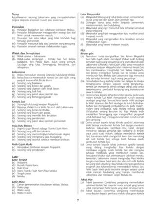 7
Tema
Kepahlawanan seorang Laksamana yang mempertahankan
negara daripada ancaman musuh dan anasir luar.
Persoalan
(a)	 Persoalan kegagahan dan kehebatan pahlawan Melayu.
(b)	 Persoalan kebijaksanaan menggunakan strategi dan akal
fikiran untuk menewaskan musuh.
(c)	 Persoalan taat setia rakyat yang tidak berbelah bagi
terhadap pemerintah.
(d)	 Persoalan menuntut bela atas kematian orang tersayang.
(e)	 Persoalan amanah semasa melaksanakan tugas.
Watak dan Perwatakan
(a)	 Watak utama – Laksamana
(b)	 Watak-watak sampingan – Kertala Sari, Seri Betara
Majapahit, Bini Petala Bumi, Tujuh orang penjurit,
Saudagar yang kaya, Temenggung, Bendahara, dan
sebagainya.
Laksamana
(a)	 Beliau merupakan seorang daripada hulubalang Melaka.
(b)	 Beliau berjaya menewaskan Kertala Sari dan tujuh orang
penjurit termasuklah Petala Bumi.
(c)	 Seorang yang bijaksana.
(d)	 Seorang yang berani dan gagah.
(e)	 Seorang yang digeruni oleh pihak lawan.
(f)	 Seorang yang baik hati.
(g)	 Seorang yang patuh akan perintah raja.
(h)	 Seorang yang bertanggungjawab.
Kertala Sari
(a)	 Seorang hulubalang kerajaan Majapahit.
(b)	 Bapanya, Petala Bumi telah dibunuh oleh Laksamana.
(c)	 Seorang yang berani bertindak.
(d)	 Seorang yang kejam dan ganas.
(e)	 Seorang yang memiliki ilmu kesaktian.
(f)	 Seorang yang pendendam.
(g)	 Seorang yang patuh akan perintah pemerintah.
Raja/Ratu Melaka
(a)	 Baginda juga dikenal sebagai Tuanku Syah Alam.
(b)	 Seorang yang adil dan saksama.
(c)	 Seorang yang mementingkan keharmonian negara.
(d)	 Seorang yang mengenang jasa hulubalang.
(e)	 Seorang yang rasional semasa membuat tindakan.
Patih Gajah Mada
(a)	 Merupakan pembesar kerajaan Majapahit.
(b)	 Seorang yang pendendam.
Latar
Latar Tempat
(a)	 Majapahit.
(b)	 Rumah Petala Bumi.
(c)	 Bukit Cina.
(d)	 Istana Tuanku Syah Alam/Raja Melaka.
(e)	 Tengah pasar.
(f)	 Melaka.
Latar Masa
(a)	 Zaman pemerintahan Kesultanan Melayu Melaka.
(b)	 Waktu pagi.
(c)	 Waktu siang.
(d)	 Waktu malam.
Latar Masyarakat
(a)	 Masyarakat Melayu yang hidup pada zaman pemerintahan
feudal yang taat dan patuh akan perintah raja.
(b)	 Golongan istana yang terdiri daripada pemerintah,
menteri-menteri, dan hulubalang.
(c)	 Masyarakat yang ingin menuntut bela terhadap kematian
orang tersayang.
(d)	 Masyarakat yang bijak menggunakan tipu muslihat untuk
menjerat musuh.
(e)	 Masyarakat yang mengamalkan ilmu kesaktian semasa
melaksanakan tugas.
(f)	 Masyarakat yang berani melawan musuh.
Plot
Binaan plot
(a)	 Permulaan cerita mengisahkan Seri Betara Majapahit
dan Patih Gajah Mada mendapat khabar sedih tentang
kematian tujuh orang penjuritnya yang telah dibunuh oleh
Laksamana di Melaka. Patih Gajah Mada yang merupakan
pembesar kerajaan Majapahit telah menemui Kertala Sari
dan membawanya menghadap Seri Betara Majapahit.
Seri Betara menitahkan Kertala Sari ke Melaka untuk
membunuh Ratu Melaka dan Laksamana bagi menuntut
bela terhadap kematian tujuh orang penjuritnya.
(b)	 Cerita berkembang apabila Kertala Sari belayar ke Melaka
bersama-sama dengan sepuluh orang pengikutnya.
Kertala Sari menyamar dirinya sebagai orang Jawa untuk
bersama-sama penduduk kampung yang berketurunan
Jawa di Melaka.
(c)	 Cerita sampai kepada tahap perumitan apabila pada suatu
malam Kertala Sari telah menceroboh rumah seorang
saudagar yang kaya. Semua harta benda milik saudagar
itu telah disamun dan bini saudagar itu turut dicabulnya.
Kertala Sari mengulangi perbuatannya itu pada malam-
malam yang berikutnya. Raja Melaka terkejut apabila
dikhabarkan tentang kecurian itu. Raja Melaka telah
menitahkan Temenggung agar mengerahkan pengawal
untuk berkawal bagi menjaga keselamatan rumah-rumah
dan kampung.
(d)	 Cerita sampai kepada tahap klimaks apabila Laksamana
telah berjaya membunuh Kertala Sari dengan menikam
dadanya. Laksamana membuat tipu helah dengan
menyamar sebagai penjahat dan berbaring di tengah
pasar pada suatu malam. Selepas membunuh Kertala
Sari, Laksamana telah mengambil keris dan memotong
alat sulit Kertala Sari sebagai bukti bahawa dialah
pembunuh Kertala Sari.
(e)	 Cerita sampai kepada tahap peleraian apabila banyak
orang datang menghadap Raja Melaka dengan
membawa anggota tubuh Kertala Sari dan mengaku
bahawa merekalah yang membunuh Kertala Sari.
Bendahara Melaka tidak mempercayai dakwaan mereka.
Kemudian, Laksamana masuk menghadap Raja Melaka
dengan membawa bukti keris dan alat sulit milik Kertala
Sari yang telah dipotong. Raja Melaka menganugerahinya
anugerah atas keberaniannya menewaskan Kertala Sari.
Patih Gajah Mada pula berusaha dengan sedaya upaya
untuk mencari hulubalang yang mampu membunuh
Laksamana dan menawan negeri Melaka itu.
Teknik Plot
(a)	 Teknik pemerian. Contohnya, pengarang memerihalkan
peristiwa Kertala Sari mencari suatu tempat yang sesuai
untuk menyimpan harta benda yang akan dicurinya nanti.
(b)	 Teknik kejutan. Contohnya, pengarang menimbulkan
unsur kejutan kepada pembaca melalui sifat ganas Kertala
 