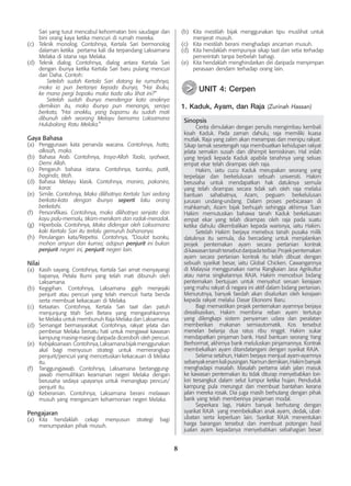 8
Sari yang turut mencabul kehormatan bini saudagar dan
bini orang kaya ketika mencuri di rumah mereka.
(c)	 Teknik monolog. Contohnya, Kertala Sari bermonolog
dalaman ketika pertama kali dia terpandang Laksamana
Melaka di istana raja Melaka.
(d)	 Teknik dialog. Contohnya, dialog antara Kertala Sari
dengan ibunya ketika Kertala Sari baru pulang mencuri
dari Daha. Contoh:
		 Setelah sudah Kertala Sari datang ke rumahnya,
maka ia pun bertanya kepada ibunya, “Hai ibuku,
ke mana pergi bapaku maka tiada aku lihat ini?”
		 Setelah sudah ibunya mendengar kata anaknya
demikian itu, maka ibunya pun menangis, seraya
berkata, “Hai anakku, yang bapamu itu sudah mati
dibunuh oleh seorang Melayu bernama Laksamana
Hulubalang Ratu Melaka.”
Gaya Bahasa
(a)	 Penggunaan kata penanda wacana. Contohnya, hatta,
alkisah, maka.
(b)	 Bahasa Arab. Contohnya, Insya-Allah Taala, syahwat,
Demi Allah.
(c)	 Pengaruh bahasa istana. Contohnya, tuanku, patik,
baginda, titah.
(d)	 Bahasa Melayu klasik. Contohnya, manira, pakanira,
karar.
(e)	 Simile. Contohnya, Maka dilihatnya Kertala Sari sedang
berkata-kata dengan ibunya seperti laku orang
berkelahi.
(f)	 Personifikasi. Contohnya, maka dilihatnya senjata dan
kayu palu-memalu, tikam-menikam dan radak-meradak.
(g)	 Hiperbola. Contohnya, Maka didengar oleh Laksamana
kaki Kertala Sari itu terlalu gemuruh bahananya.
(h)	 Perulangan kata/Repetisi. Contohnya, “Daulat tuanku,
mohon ampun dan kurnia; adapun penjurit ini bukan
penjurit negeri ini, penjurit negeri lain.
Nilai
(a)	 Kasih sayang. Contohnya, Kertala Sari amat menyayangi
bapanya, Petala Bumi yang telah mati dibunuh oleh
Laksamana.
(b)	 Kegigihan. Contohnya, Laksamana gigih menjejaki
penjurit atau pencuri yang telah mencuri harta benda
serta membuat kekacauan di Melaka.
(c)	 Ketaatan. Contohnya, Kertala Sari taat dan patuh
menjunjung titah Seri Betara yang mengarahkannya
ke Melaka untuk membunuh Raja Melaka dan Laksamana.
(d)	 Semangat bermasyarakat. Contohnya, rakyat jelata dan
pembesar Melaka bersatu hati untuk mengawal kawasan
kampung masing-masing daripada diceroboh oleh pencuri.
(e)	 Kebijaksanaan.Contohnya,Laksamanabijakmenggunakan
akal bagi menyusun strategi untuk memerangkap
penjurit/pencuri yang mencetuskan kekacauan di Melaka
itu.
(f)	 Tanggungjawab. Contohnya, Laksamana bertanggung­
jawab memulihkan keamanan negeri Melaka dengan
berusaha sedaya upayanya untuk menangkap pencuri/
penjurit itu.
(g)	 Keberanian. Contohnya, Laksamana berani melawan
musuh yang mengancam keharmonian negeri Melaka.
Pengajaran
(a)	 Kita hendaklah cekap menyusun strategi bagi
menumpaskan pihak musuh.
(b)	 Kita mestilah bijak menggunakan tipu muslihat untuk
menjerat musuh.
(c)	 Kita mestilah berani menghadapi ancaman musuh.
(d)	 Kita hendaklah mempunyai sikap taat dan setia terhadap
pemerintah tanpa berbelah bahagi.
(e)	 Kita hendaklah menghindarkan diri daripada menyimpan
perasaan dendam terhadap orang lain.
	 UNIT 4: Cerpen
1. Kaduk, Ayam, dan Raja (Zurinah Hassan)
Sinopsis
	 Cerita dimulakan dengan penulis mengimbau kembali
kisah Kaduk. Pada zaman dahulu, raja memiliki kuasa
mutlak. Raja yang zalim akan merampas dan menipu rakyat.
Sikap tamak sesetengah raja membuatkan kehidupan rakyat
jelata semakin susah dan dihimpit kemiskinan. Hal inilah
yang terjadi kepada Kaduk apabila tanahnya yang seluas
empat ekar telah dirampas oleh raja.
	 Hakim, iaitu cucu Kaduk merupakan seorang yang
terpelajar dan berkelulusan sebuah universiti. Hakim
berusaha untuk mendapatkan hak datuknya semula
yang telah dirampas secara tidak sah oleh raja melalui
bantuan sahabatnya, Azam, peguam berkelulusan
jurusan undang-undang. Dalam proses perbicaraan di
mahkamah, Azam bijak berhujah sehingga akhirnya Tuan
Hakim memutuskan bahawa tanah Kaduk berkeluasan
empat ekar yang telah dirampas oleh raja pada suatu
ketika dahulu dikembalikan kepada warisnya, iaitu Hakim.
	 Setelah Hakim berjaya menebus tanah pusaka milik
datuknya itu semula, dia bercadang untuk menjalankan
projek penternakan ayam secara pertanian kontrak
dikawasantanahtersebutdaripadaterbiar.Projekpenternakan
ayam secara pertanian kontrak itu telah dibuat dengan
sebuah syarikat besar, iaitu Global Chicken. Cawangannya
di Malaysia menggunakan nama Rangkaian Jasa Agrikultur
atau nama singkatannya RAJA. Hakim menceburi bidang
penternakan bertujuan untuk menyahut seruan kerajaan
yang mahu rakyat di negara ini aktif dalam bidang pertanian.
Menurutnya, banyak faedah akan disalurkan oleh kerajaan
kepada rakyat melalui Dasar Ekonomi Baru.
	 Bagi memastikan projek penternakan ayamnya berjaya
direalisasikan, Hakim membina reban ayam tertutup
yang dilengkapi sistem penyaman udara dan peralatan
memberikan makanan semiautomatik. Kos tersebut
menelan belanja dua ratus ribu ringgit. Hakim sukar
mendapatkan pinjaman bank. Hasil bantuan seorang Yang
Berhormat, akhirnya bank meluluskan pinjamannya. Kontrak
membekalkan ayam ditandatangani dengan syarikat RAJA.
	 Selama setahun, Hakim berjaya menjual ayam-ayamnya
sebanyakenamkalipusingan.Namundemikian,Hakimbanyak
menghadapi masalah. Masalah pertama ialah jalan masuk
ke kawasan penternakan itu tidak diturap menyebabkan lori-
lori tersangkut dalam selut lumpur ketika hujan. Penduduk
kampung pula merungut dan membuat bantahan kerana
jalan mereka rosak. Dia juga masih berhutang dengan pihak
bank yang telah memberinya pinjaman modal.
	 Seperkara lagi, Hakim banyak berhutang dengan
syarikat RAJA yang membekalkan anak ayam, dedak, ubat-
ubatan serta keperluan lain. Syarikat RAJA menentukan
harga barangan tersebut dan membuat potongan hasil
jualan ayam kepadanya menyebabkan sebahagian besar
>
>
 
