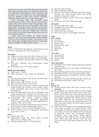 9
keuntungan hasil jualan ayam Hakim dikaut oleh oleh Syarikat
RAJA. Baki keuntungan jualan itu tidak dapat menampung
kos keseluruhan penternakannya untuk membayar gaji
pembantu, bil air dan elektrik, dan kos penyelenggaraan
yang lain. Akibatnya, hutang Hakim semakin meningkat,
sebaliknya Syarikat RAJA terus mengaut keuntungan.
	 Azam menasihati Hakim agar berurusan secara
langsung dengan Jabatan Haiwan supaya penternak kecil
seperti Hakim tidak menjadi mangsa orang tengah. Azam
bersimpati dengan nasib yang menimpa Hakim. Hakim tiada
pilihan selain meneruskan usaha menternak ayam kerana
kegagalannya melunaskan hutang bank akan menyebabkan
tanah pusakanya itu dirampas. Tindakan bank merampas
tanah pusaka itu disamakan dengan tindakan raja merampas
tanah datuknya dahulu.
	 Hakim mula sedar bahawa dia senasib dengan
datuknya. Satu perkara yang membezakan mereka hanyalah
nama dan masa peristiwa itu berlaku. Pada zaman ini, raja
ialah orang yang memegang kuasa ekonomi. Orang-orang
bawahan terpaksa mengikut telunjuk mereka.
Tema
Cerpen ini bertemakan kesungguhan seorang pemuda yang
menceburi bidang pertanian dan keusahawanan.
Persoalan
(a)	 Kegigihan seorang anak muda dalam bidang pertanian.
(b)	 Cabaran yang perlu ditempuhi dalam dunia perniagaan.
(c)	 Tuntutan pemilikan hak yang telah diambil oleh orang
lain.
(d)	 Pahit getir masyarakat yang mengusahakan bidang
pertanian.
(e)	 Pembersihan nama dan maruah keluarga.
Watak dan Perwatakan
(a)	 Watak utama – Hakim.
(b)	 Watak sampingan – Azam, Kaduk, dan sebagainya.
Hakim
(a)	 Bapanya bernama Hassan dan datuknya bernama Kaduk.
(b)	 Berpendidikan tinggi.
(c)	 Gigih berusaha bagi mencapai cita-cita.
(d)	 Bijak membuat tindakan secara rasional.
(e)	 Bercita-cita tinggi, iaitu berazam menjadi usahawan yang
berjaya dengan cara menyahut seruan kerajaan melalui
projek penternakan ayam secara moden yang telah
diusahakannya.
(f)	 Berani dan berpendirian tegas untuk mendapatkan tanah
pusaka datuknya yang dirampas oleh raja pada suatu
ketika dahulu dengan memfailkan kesnya di mahkamah.
(g)	 Berpandangan jauh dengan menceburi bidang
penternakan ayam bagi memastikan pengeluaran
makanan negara berterusan dan tidak bergantung pada
makanan import semata-mata.
(h)	 Tabah untuk meneruskan projek ternakan ayam meskipun
dia berhadapan dengan berbagai-bagai cabaran.
(i)	 Reda menerima kesan buruk akibat kesilapan dirinya.
(j)	 Pandai berdikari semasa mengusahakan penternakan
ayam secara moden.
Azam
(a)	 Sahabat baik Hakim.
(b)	 Berpendidikan tinggi, iaitu lulusan sebuah universiti
dalam jurusan undang-undang.
(c)	 Bertugas sebagai peguam di syarikat guaman.
(d)	 Bijak dan petah berhujah.
(e)	 Prihatin terhadap sahabatnya.
(f)	 Baik hati serta banyak memberikan kata-kata semangat,
dorongan, dan nasihat kepada Hakim untuk berjaya
sebagai seorang petani moden.
(g)	 Bersimpati terhadap masalah hutang yang menghimpit
Hakim.
(h)	 Mempunyai sifat setia kawan yang tinggi.
Pak Kaduk
(a)	 Pak Kaduk ialah datuk Hakim.
(b)	 Dianggap bodoh dan bersikap lurus bendul.
(c)	 Taat akan perintah raja.
(d)	 Miskin dan hidup merempat.
(e)	 Patuh akan nasihat dan pandangan orang lain.
Latar
Latar Tempat
(a)	 Kampung.
(b)	 Rumah Hakim.
(c)	 Bangsal rehat.
(d)	 Reban ternakan ayam.
(e)	 Universiti.
(f)	 Mahkamah.
(g)	 Bank.
Latar Masa
(a)	 Zaman dahulu.
(b)	 Zaman moden.
(c)	 Sepuluh bulan.
(d)	 Setahun.
Latar Masyarakat
(a)	 Masyarakat yang menjadi mangsa penindasan golongan
yang berkuasa.
(b)	 Masyarakat generasi kini yang berani mempertahankan
hak mereka.
(c)	 Masyarakat yang gigih berusaha untuk mencapai kejayaan.
(d)	 Masyarakat generasi muda yang berpendidikan tinggi.
(e)	 Masyarakat yang ingin membersihkan nama dan maruah
keluarga.
(f)	 Masyarakat yang tamak terhadap golongan yang lemah.
(g)	 Masyarakat yang dihimpit masalah kewangan.
Plot
Binaan Plot
(a)	 Peristiwa-peristiwa dalam plot cerpen ini disusun secara
kronologi.
(b)	 Plot permulaan atau eksposisi cerpen ini dimulai dengan
penulis mengimbas kembali kisah Kaduk. Pada zaman
dahulu, raja memiliki kuasa mutlak. Raja yang zalim akan
merampas dan menipu rakyat. Mereka yang menentang
raja dianggap penderhaka dan dijatuhi hukuman berat.
Sikap tamak sesetengah raja membuatkan kehidupan
rakyat jelata semakin susah dan dihimpit kemiskinan. Hal
inilah yang terjadi kepada Pak Kaduk apabila tanahnya
dirampas oleh raja.
(c)	 Pada tahap perkembangan, penulis menjelaskan bahawa
Hakim yang merupakan cucu Kaduk berusaha untuk
mendapatkan hak datuknya yang telah dirampas semula
secara tidak sah oleh raja melalui sistem perundangan
di mahkamah. Hakim telah mendapatkan bantuan
sahabatnya, Azam yang bekerja sebagai peguam.
Di mahkamah, Azam bijak berhujah sehingga akhirnya
tanah Kaduk yang telah dirampas oleh raja pada
suatu masa dahulu dikembalikan kepada warisnya, iaitu
Hakim.
 