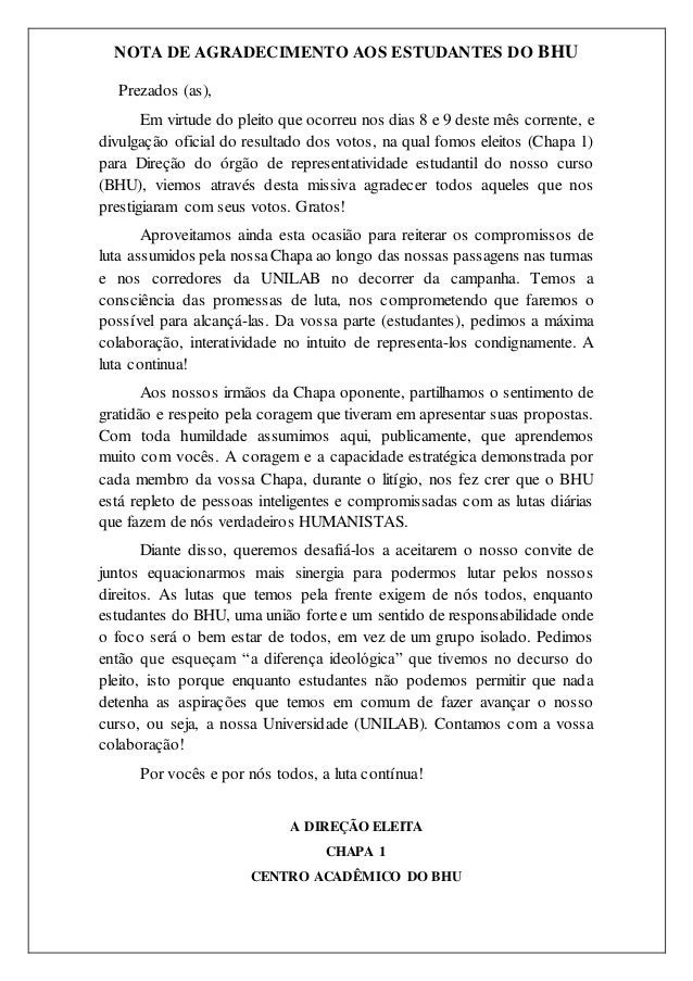 Proposta de Nota de agradecimento.