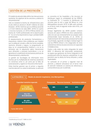 08
El modelo de atención debe definir las intervenciones
sanitarias, los objetivos de los servicios y ordenar la
red prestacional.
Solo en EsSalud la brecha de infraestructura para
el año 2035 se calcula en 28,281 millones de soles
(EsSalud , 2019), mientras que en el Minsa asciende
a 27,545 millones de soles (MEF, 2019). En cuanto
a recursos humanos, en 2019 el Minsa estimó una
brecha de 73,093 profesionales de la salud (Cuadro
N.° 4), con Lima requiriendo la mayor cantidad: 8,685
profesionales.
El abastecimiento de productos farmacéuticos y
dispositivos médicos tiene problemas que impiden
que la población acceda a ellos de forma completa,
oportuna, eficiente y segura. La programación se
basa en el comportamiento histórico y no en la
demanda real, la adquisición aplica mecanismos
poco eficientes y procesos burocráticos, y no se
garantiza el cumplimiento de las buenas prácticas de
almacenamiento y distribución.
La gestión de tecnologías de información tiene
brechas por la multiplicidad de sistemas existentes
no conversan entre sí, así como por la falta de
automatización y registro en línea de la información.
Estas brechas generan que el primer y segundo
nivel de atención no cubran la demanda. La atención
se concentra en los hospitales y los recursos se
distribuyen según la complejidad de las IPRESS.
La ilustración N.° 3 muestra la distribución de
recursos para la red a cargo del Minsa en Lima
Metropolitana durante 2019: el 68% está centrado
en el tercer nivel; el segundo recibe solo el 9%; y el
primero, 23%.
Aunque legalmente las IAFAS pueden comprar
servicios de salud a IPRESS de otros subsistemas,
cada una usa casi exclusivamente sus propias redes
prestacionales (Lazo Gonzales, et al., 2016). La
implementación del intercambio prestacional ha sido
muy limitada, siguiendo una lógica residual según la
cual las IPRESS ofrecen a los asegurados de otros
subsistemas solo los escasos servicios con capacidad
instalada ociosa.
Frente a ello están las redes integradas de salud
(RIS)3
. A diferencia del intercambio prestacional,
se espera que gestionen de forma integrada la red
prestacional entre los diversos subsistemas, lo que
permitirá usar la oferta de forma eficiente y evitar
duplicidades.
Se centrarán en el primer y segundo nivel de
atención, y deberán articularse con el tercer nivel
de atención mediante un sistema de referencias y
contrarreferencias aún no definido.
GESTIÓN DE LA PRESTACIÓN
Modelo de atención hospitalaria, Lima Metropolitana
Capacidad resolutiva esperada
III Nivel
II Nivel
I Nivel
Presupuesto Recursos humanos Suministros médicos
5 a 10%
de la demanda
10 a 12%
de la demanda
80 a 85%
de la demanda
ILUSTRACIÓN N.° 3
68%
9%
23% 28% 6%
10% 7%
62% 87%
Fuente: MEF (2019)
3
Establecidas por la Ley N.° 30885 de 2018
 