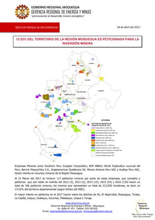 www.diremmoq.gob.pe
Gerencia Regional de Energía y Minas - Moquegua
Av. Balta N° 401, Telefax: 053 463335
Email: webmaster@diremmoq.gob.pe, rmoquegua@minem.gob.pe
GOBIERNO REGIONAL MOQUEGUA
GERENCIA REGIONAL DE ENERGÍA Y MINAS
“promoviendo el desarrollo minero energético”
18 de Abril del 2017
13.52% DEL TERRITORIO DE LA REGIÓN MOQUEGUA ES PETICIONADA PARA LA
INVERSIÓN MINERA
Empresas Mineras como Southern Peru Coopper Corporation, BHP Billiton World Exploration sucursal del
Peru, Barrick Misquichilca S.A., Angloamerican Quellaveco SA, Minera Antares Peru SAC y Hudbay Peru SAC,
tienen interés en recursos mineros de la Región Moquegua.
Al 31 Marzo del 2017 se hicieron 117 petitorios mineros por parte de estas empresas, que sumados a
petitorios que aún están en trámite del 2012 (5), 2013 (2), 2014 (19), 2015 (54) y 2016 (150) hacen un
total de 346 petitorios mineros, los mismos que representan un total de 212,950 Hectáreas, es decir un
13.52% del territorio departamental (según límites del INEI).
El mayor interés en petitorios en el 2017 fueron sobre los distritos de Ilo, El Algarrobal, Moquegua, Torata,
La Capilla, Lloque, Coalaque, Carumas, Matalaque, Lloque y Yunga.
NOTA DE PRENSA 26-2017/GREM.M
 