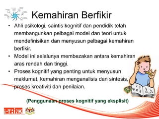 Kemahiran Berfikir 
•Ahli psikologi, saintis kognitif dan pendidik telah membangunkan pelbagai model dan teori untuk mendefinisikan dan menyusun pelbagai kemahiran berfikir. 
•Model ini selalunya membezakan antara kemahiran aras rendah dan tinggi. 
•Proses kognitif yang penting untuk menyusun maklumat, kemahiran menganalisis dan sintesis, 
proses kreativiti dan penilaian. 
(Penggunaan proses kognitif yang eksplisit)  
