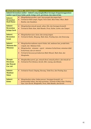 SEKTOR SEKUNDER : Berasaskan Sumber
Industri berasaskan sumber - industri yang menghasilkan barangan denganmenggunakan
sumber seperti kayu balak, getah, kelapa sawit, petroleum, dan mineral lain.
Industri
Berasaskan
Hasil Hutan
• Mengeluarkan perabot, venir, kayu gergaji dan papan lapis.
• Terletak di Olak Lempit, Pagoh, Parit Jamil, Batu Pahat, Muar, Bukit
Rambai, dan Sandakan.
Industri
Berasaskan
Kelapa Sawit
• Mengeluarkan minyak masak, sabun, lilin, dan barangan kosmetik.
• Terletak di Shah Alam, Mak Mandin, Perai, Kulim, Larkin, dan Tampoi.
Industri
Berasaskan
Getah
• Mengeluarkan tayar, kasut, dan sarung tangan.
• Terletak di Kulim, Mergong, Shah Alam, Petaling Jaya, dan Senawang.
Industri
Makanan dan
Minuman
• Mengeluarkan makanan seperti biskut, kek, makanan laut, produk koko,
rempah, dan Makanan beku.
• Mengeluarkan minuman seperti minuman berkarbonat, minuinan tidak
berkarbonat, dan air mineral
• Terletak di kawasan perindustrian Bukit Minyak, Shah Alam, dan
Menglembu.
Menapis
Petroleum
dan Mencair
Gas Asli
• Menghasilkan petrol, gas, minyak diesel, minyak pelincir, dan minyak tar
• Terletak di Port Dickson, Kerteh, Miri, Lutong, dan Bintulu.
Industri
Membuat
Simen
• Terletak di Tasek, Chuping, Rawang, Teluk Ewa, dan Petaling Jaya
Industri
Kimia
• Mengeluarkan sabun, bahan pencuci, barangan kosmetik, cat,
farmaseutikal (ubat), dan baja pertanian. Terletak di Shah Alam, Petaling
Jaya, Ayer Keroh, Menglembu, Perai, Mak Mandin, dan Kerteh.
41
 
