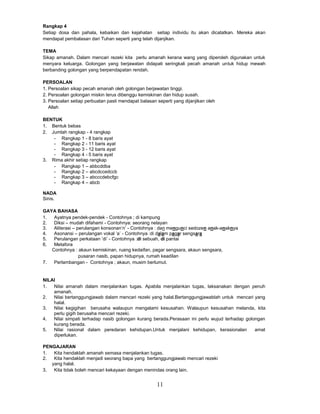 11
Rangkap 4
Setiap dosa dan pahala, kebaikan dan kejahatan setiap individu itu akan dicatatkan. Mereka akan
mendapat pembalasan dari Tuhan seperti yang telah dijanjikan.
TEMA
Sikap amanah. Dalam mencari rezeki kita perlu amanah kerana wang yang diperoleh digunakan untuk
menyara keluarga. Golongan yang berjawatan didapati seringkali pecah amanah untuk hidup mewah
berbanding golongan yang berpendapatan rendah.
PERSOALAN
1. Persoalan sikap pecah amanah oleh golongan berjawatan tinggi.
2. Persoalan golongan miskin terus dibenggu kemiskinan dan hidup susah.
3. Persoalan setiap perbuatan pasti mendapat balasan seperti yang dijanjikan oleh
Allah
BENTUK
1. Bentuk bebas
2. Jumlah rangkap - 4 rangkap
- Rangkap 1 - 8 baris ayat
- Rangkap 2 - 11 baris ayat
- Rangkap 3 - 12 baris ayat
- Rangkap 4 - 5 baris ayat
3. Rima akhir setiap rangkap
- Rangkap 1 – abbcddba
- Rangkap 2 – abcdccedccb
- Rangkap 3 – abcccdebcfgc
- Rangkap 4 – abcb
NADA
Sinis.
GAYA BAHASA
1. Ayatnya pendek-pendek - Contohnya ; di kampung
2. Diksi – mudah difahami - Contohnya: seorang nelayan
3. Aliterasi – perulangan konsonan’n’ - Contohnya : dan mengunci sedozen anak-anaknya
4. Asonansi – perulangan vokal ’a’ - Contohnya :di dalam pagar sengsara
5. Perulangan perkataan ’di’ - Contohnya :di sebuah, di pantai
6. Metafora
Contohnya : akaun kemiskinan, ruang kedaifan, pagar sengsara, akaun sengsara,
pusaran nasib, papan hidupnya, rumah keadilan
7. Perlambangan - Contohnya ; akaun, musim berlumut.
NILAI
1. Nilai amanah dalam menjalankan tugas. Apabila menjalankan tugas, laksanakan dengan penuh
amanah.
2. Nilai bertanggungjawab dalam mencari rezeki yang halal.Bertanggungjawablah untuk mencari yang
halal.
3. Nilai kegigihan berusaha walaupun mengalami kesusahan. Walaupun kesusahan melanda, kita
perlu gigih berusaha mencari rezeki.
4. Nilai simpati terhadap nasib golongan kurang berada.Perasaan ini perlu wujud terhadap golongan
kurang berada.
5. Nilai rasional dalam peredaran kehidupan.Untuk menjalani kehidupan, kerasionalan amat
diperlukan.
PENGAJARAN
1. Kita hendaklah amanah semasa menjalankan tugas.
2. Kita hendaklah menjadi seorang bapa yang bertanggungjawab mencari rezeki
yang halal.
3. Kita tidak boleh mencari kekayaan dengan menindas orang lain.
 