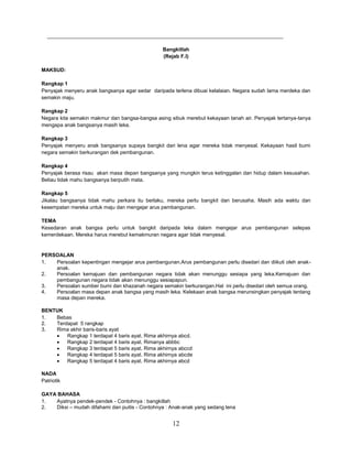 12
__________________________________________________________________________________
Bangkitlah
(Rejab F.I)
MAKSUD:
Rangkap 1
Penyajak menyeru anak bangsanya agar sedar daripada terlena dibuai kelalaian. Negara sudah lama merdeka dan
semakin maju.
Rangkap 2
Negara kita semakin makmur dan bangsa-bangsa asing sibuk merebut kekayaan tanah air. Penyajak tertanya-tanya
mengapa anak bangsanya masih leka.
Rangkap 3
Penyajak menyeru anak bangsanya supaya bangkit dari lena agar mereka tidak menyesal. Kekayaan hasil bumi
negara semakin berkurangan dek pembangunan.
Rangkap 4
Penyajak berasa risau akan masa depan bangsanya yang mungkin terus ketinggalan dan hidup dalam kesusahan.
Beliau tidak mahu bangsanya berputih mata.
Rangkap 5
Jikalau bangsanya tidak mahu perkara itu berlaku, mereka perlu bangkit dan berusaha. Masih ada waktu dan
kesempatan mereka untuk maju dan mengejar arus pembangunan.
TEMA
Kesedaran anak bangsa perlu untuk bangkit daripada leka dalam mengejar arus pembangunan selepas
kemerdekaan. Mereka harus merebut kemakmuran negara agar tidak menyesal.
PERSOALAN
1. Persoalan kepentingan mengejar arus pembangunan.Arus pembangunan perlu disedari dan diikuti oleh anak-
anak.
2. Persoalan kemajuan dan pembangunan negara tidak akan menunggu sesiapa yang leka.Kemajuan dan
pembangunan negara tidak akan menunggu sesiapapun.
3. Persoalan sumber bumi dan khazanah negara semakin berkurangan.Hal ini perlu disedari oleh semua orang.
4. Persoalan masa depan anak bangsa yang masih leka. Kelekaan anak bangsa merunsingkan penyajak tentang
masa depan mereka.
BENTUK
1. Bebas
2. Terdapat 5 rangkap
3. Rima akhir baris-baris ayat
 Rangkap 1 terdapat 4 baris ayat. Rima akhirnya abcd.
 Rangkap 2 terdapat 4 baris ayat. Rimanya abbbc
 Rangkap 3 terdapat 5 baris ayat. Rima akhirnya abccd
 Rangkap 4 terdapat 5 baris ayat. Rima akhirnya abcde
 Rangkap 5 terdapat 4 baris ayat. Rima akhirnya abcd
NADA
Patriotik
GAYA BAHASA
1. Ayatnya pendek-pendek - Contohnya : bangkitlah
2. Diksi – mudah difahami dan puitis - Contohnya : Anak-anak yang sedang lena
 
