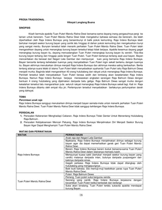 18
PROSA TRADISIONAL
Hikayat Langlang Buana
SINOPSIS
Kisah bermula apabila Tuan Puteri Mandu Ratna Dewi bersama-sama dayang inang pengasuhnya pergi ke
taman untuk bersiram. Tuan Puteri Mandu Ratna Dewi tidak mengetahui bahawa semasa dia bersiram, dia telah
diperhatikan oleh Raja Indera Bumaya yang bersembunyi di balik pokok kemunting. Raja Indera Bumaya telah
bertukar menjadi seekor burung bayan yang cantik lalu hinggap di dahan pokok kemunting dan mengeluarkan bunyi
yang sangat merdu. Bunyian tersebut telah menarik perhatian Tuan Puteri Mandu Ratna Dewi. Tuan Puteri telah
mengarahkan dayang untuk menangkap burung bayan tersebut tetapi tidak berjaya. Apabila kesemua dayang gagal
menangkap burung bayan itu, dayang mencadangkan Tuan Puteri menangkap burung bayan itu sendiri. Tiba-tiba
burung bayan terbang dan hinggap pada lengan Tuan Puteri. Tuan Puteri bertanya tentang asal-usul bayan. Bayan
menceritakan dia berasal dari Negeri Lela Gambar dan mempunyai tuan yang bernama Raja Indera Bumaya.
Bayan bercerita tentang kehebatan tuannya yang menyebabkan Tuan Puteri ingin sekali bertemu dengan tuannya
itu. Bayan akhirnya menukarkan dirinya menjadi Raja Indera Bumaya dan akhirnya mereka saling berkasihan. Berita
tentang adanya suara lelaki di istana Tuan Puteri telah menyebabkan ayahanda Tuan Puteri iaitu Raja Bahrum Dewa
menjadi murka. Baginda telah mengarahkan 40 orang hulubalang dan rakyat untuk menangkap Raja Indera Bumaya.
Perintah tersebut telah menyebabkan Tuan Puteri berasa sedih dan bimbang akan keselamatan Raja Indera
Bumaya. Namun Raja Indera Bumaya berjaya menewaskan angkatan serangan Raja Bahrum Dewa dengan
bantuan 4 orang hulubalang yang dijelmakan daripada batu geliga. Raja Bahrum Dewa sangat murka dengan
kekalahan tersebut lalu mengarahkan pula seluruh rakyat menangkap Raja Indera Bumaya sekali lagi. Kali ini Raja
Indera Bumaya dibantu oleh empat ribu jin. Pertempuran tersebut menyebabkan berlakunya pertumpahan darah
yang dahsyat.
TEMA
Percintaan anak raja
Raja Indera Bumaya sanggup menukarkan dirinya menjadi bayan semata-mata untuk menarik perhatian Tuan Puteri
Mandu Ratna Dewi. Tuan Puteri Mandu Ratna Dewi tidak sanggup kehilangan Raja Indera Bumaya.
PERSOALAN
1. Persoalan Keberanian Menghadapi Cabaran. Raja Indera Bumaya Tidak Gentar Untuk Menentang Hulubalang
Raja Bahrum .
2. Persoalan Kebijaksanaan Mencari Peluang. Raja Indera Bumaya Menjelmakan Diri Menjadi Seekor Burung
Bayan Agar Dapat Menghampiri Tuan Puteri Mandu Ratna Dewi.
WATAK DAN PERWATAKAN
WATAK PERWATAKAN
Raja Indera Bumaya
Anak raja dari Negeri Lela Gambar
Bijaksana. Raja Indera Bumaya menjelmakan dirinya sebagai burung
bayan agar dia dapat memerhatikan gerak geri Tuan Puteri Mandu
Ratna Dewi.
Berani. Raja Indera Bumaya berani duduk bersama-sama Tuan Puteri
Mandu Ratna Dewi dalam istananya memadu kasih.
Mempunyai kuasa sakti (bertukar menjadi seekor burung bayan yang
cantik) matanya daripada intan, bulunya daripada pusparagam dan
kakinya daripada emas.
Gagah perkasa. Raja Indera Bumaya tidak dapat ditangkap oleh
hulubalang yang mengepungnya .
Baik budi bahasa. Dia memuji-muji keelokkan paras rupa Tuan Puteri
Mandu Ratna Dewi.
Tuan Puteri Mandu Ratna Dewi
Puteri Raja Bahrum Dewa
Periang. Tuan puteri suka bergurau senda.
Seorang yang cantik. Raja Indera Bumaya terpesona dengan
kecantikan Tuan Puteri ketika berbedak dan berlangir
Suka akan binatang. Tuan Puteri terlalu sukacita apabila mendapat
burung Bayan
 