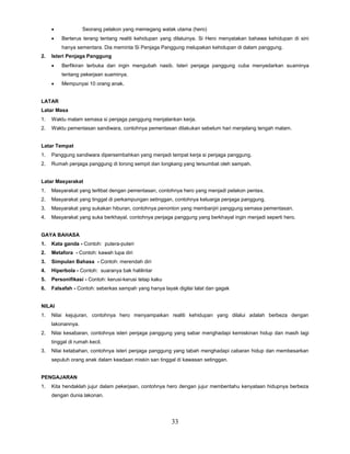 33
 Seorang pelakon yang memegang watak utama (hero)
 Berterus terang tentang realiti kehidupan yang dilaluinya. Si Hero menyatakan bahawa kehidupan di sini
hanya sementara. Dia meminta Si Penjaga Panggung melupakan kehidupan di dalam panggung.
2. Isteri Penjaga Panggung
 Berfikiran terbuka dan ingin mengubah nasib. Isteri penjaga panggung cuba menyedarkan suaminya
tentang pekerjaan suaminya.
 Mempunyai 10 orang anak.
LATAR
Latar Masa
1. Waktu malam semasa si penjaga panggung menjalankan kerja.
2. Waktu pementasan sandiwara, contohnya pementasan dilakukan sebelum hari menjelang tengah malam.
Latar Tempat
1. Panggung sandiwara dipersembahkan yang menjadi tempat kerja si penjaga panggung.
2. Rumah penjaga panggung di lorong sempit dan longkang yang tersumbat oleh sampah.
Latar Masyarakat
1. Masyarakat yang terlibat dengan pementasan, contohnya hero yang menjadi pelakon pentas.
2. Masyarakat yang tinggal di perkampungan setinggan, contohnya keluarga penjaga panggung.
3. Masyarakat yang sukakan hiburan, contohnya penonton yang membanjiri panggung semasa pementasan.
4. Masyarakat yang suka berkhayal, contohnya penjaga panggung yang berkhayal ingin menjadi seperti hero.
GAYA BAHASA
1. Kata ganda - Contoh: putera-puteri
2. Metafora - Contoh: kawah lupa diri
3. Simpulan Bahasa - Contoh: merendah diri
4. Hiperbola - Contoh: suaranya bak halilintar
5. Personifikasi - Contoh: kerusi-kerusi tetap kaku
6. Falsafah - Contoh: seberkas sampah yang hanya layak digilai lalat dan gagak
NILAI
1. Nilai kejujuran, contohnya hero menyampaikan realiti kehidupan yang dilalui adalah berbeza dengan
lakonannya.
2. Nilai kesabaran, contohnya isteri penjaga panggung yang sabar menghadapi kemiskinan hidup dan masih lagi
tinggal di rumah kecil.
3. Nilai ketabahan, contohnya isteri penjaga panggung yang tabah menghadapi cabaran hidup dan membesarkan
sepuluh orang anak dalam keadaan miskin san tinggal di kawasan setinggan.
PENGAJARAN
1. Kita hendaklah jujur dalam pekerjaan, contohnya hero dengan jujur memberitahu kenyataan hidupnya berbeza
dengan dunia lakonan.
 