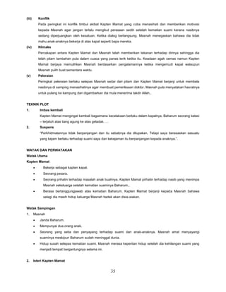 35
(iii) Konflik
Pada peringkat ini konflik timbul akibat Kapten Mamat yang cuba menasihati dan memberikan motivasi
kepada Masnah agar jangan terlalu mengikut perasaan sedih setelah kematian suami kerana nasibnya
sedang diperjuangkan oleh kesatuan. Ketika dialog berlangsung, Masnah menegaskan bahawa dia tidak
mahu anak-anaknya bekerja di atas kapal seperti bapa mereka.
(iv) Klimaks
Percakapan antara Kapten Mamat dan Masnah telah memberikan tekanan terhadap dirinya sehingga dia
telah pitam tambahan pula dalam cuaca yang panas terik ketika itu. Keadaan agak cemas namun Kapten
Mamat berjaya memulihkan Masnah berdasarkan pengalamannya ketika mengemudi kapal walaupun
Masnah pulih buat sementara waktu.
(v) Peleraian
Peringkat peleraian berlaku selepas Masnah sedar dari pitam dan Kapten Mamat berjanji untuk membela
nasibnya di samping menasihatinya agar membuat pemeriksaan doktor. Masnah pula menyatakan hasratnya
untuk pulang ke kampung dan digambarkan dia mula menerima takdir Allah..
TEKNIK PLOT
1. Imbas kembali
Kapten Mamat mengingat kembali bagaimana kecelakaan berlaku dalam kapalnya. Baharum seorang kelasi
– terjatuh atas tiang agung ke atas geladak. …
2. Suspens
“Perkhidmatannya tidak berpanjangan dan itu sebabnya dia dilupakan. Tetapi saya berasaskan sesuatu
yang kejam berlaku terhadap suami saya dan kekejaman itu berpanjangan kepada anaknya.”.
WATAK DAN PERWATAKAN
Watak Utama
Kapten Mamat
 Bekerja sebagai kapten kapal.
 Seorang pesara.
 Seorang prihatin terhadap masalah anak buahnya. Kapten Mamat prihatin terhadap nasib yang menimpa
Masnah sekeluarga setelah kematian suaminya Baharum..
 Berasa bertanggungjawab atas kematian Baharum. Kapten Mamat berjanji kepada Masnah bahawa
selagi dia masih hidup keluarga Masnah tiadak akan disia-siakan.
Watak Sampingan
1. Masnah
 Janda Baharum.
 Mempunyai dua orang anak.
 Seorang yang setia dan penyayang terhadap suami dan anak-anaknya. Masnah amat menyayangi
suaminya meskipun Baharum sudah meninggal dunia.
 Hidup susah selepas kematian suami. Masnah merasa keperitan hidup setelah dia kehilangan suami yang
menjadi tempat bergantungnya selama ini.
2. Isteri Kapten Mamat
 