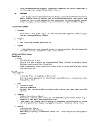 45
 Jimah memulangkan wang anak-anaknya yang disimpan di dalam bank dan meminta mereka pulang ke
tempat masing-masing walaupun Pak Jumaat belum ditemui.
(v) Peleraian
 Jumaat dijumpai terselamat dalam kejadian tsunami. Dengan penemui itu memberi banyak kesedaran
kepada anak-anak Jimah bagi memohon maaf atas kesalahan masing-masing. Jimah meminta anak-
anaknya juga memohon maaf daripada Sani yang banyak dihina oleh mereka. Pak Man bersyukur
dengan situasi yang ceria itu dan dia juga bersyukur dikurniakan cucu angkat seperti Man Bengap.
TEKNIK PENCERITAAN
1. Pemerian
 Dia budak lurus. Putih, putihla yang dia kata. Kalau hitam, hitamlah yang dia kata. Dia manusia yang
tidak ada kepentingan langsung…(ms 439)
2. Suspens
 Man: Orang sudah jumpa tuk, sudah jumpa dah.
3. Kejutan
 … Kita ni sibuk dengan kerja, dengan laki, dengan bini, dengan perniagaan. Beginilah, kalau sudah
semua tidak mahu, kita hantar ke rumah welfare. Mahu? (ms 434)
WATAK DAN PERWATAKAN
Watak Utama
1. Jimah
 Isteri Jumaat, berusia 55 tahun
 Seorang yang setia, penyayang dan bertanggungjawab. Setiap hari Jimah ke tepi pantai menanti
kepulangan suaminya yang hilang di tengah laut.
 Sabar dengan dugaan dengan berdoa. Jimah sentiasa berfikir dan berdoa pada Tuhan sejak kejadian
suaminya hilang di laut.
Watak Sampingan
2. Sani
 Anak angkat Jimah – seorang doktor dan telah beristeri
 Seorang yang bertanggungjawab dan sabar. Sangat mengambil berat akan emaknya terutama ketika
bapanya hilang di laut.
3. Sabri
 Anak sulung Jimah
 Mengetuai ahli keluarga
 Penyabar. Sabri mahu semua adik beradiknya memujuk emaknya selagi mayat bapa mereka tidak
dijumpai.
4. Sabariah
 Graduan ekonomi bekerja di London
 Panas baran, anak kedua dalam keluarga. Dia menyalahkan bapanya kerana tidak berhenti pergi ke
laut walaupun wang belanja bulanan dikirim setiap bulan.
 Tidak sukakan Sani. Sabariah memarahi kepada Sani supaya tidak memandai-mandai dan berdolak
dalik tentang soal kematian. Dia juga menginggatkan bahawa Sani bukanlah ahli keluarga mereka.
5. Shahrul
 Anak ketiga dalam keluarga
 Seorang akauntan di Kuala Lumpur
 Mementingkan kerjayanya. Shahrul hendak balik ke Kuala Lumpur walaupun mayat bapanya belum
dijumpai.
 