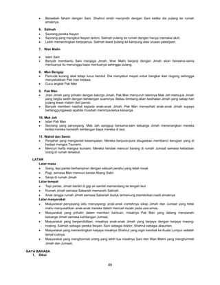 46
 Berselisih faham dengan Sani. Shahrul sindir menyindir dengan Sani ketika dia pulang ke rumah
emaknya.
6. Salmah
 Seorang pereka fesyen
 Seorang yang mengikut fesyen terkini. Salmah pulang ke rumah dengan hanya memakai skirt.
 Lebih mementingkan kerjayanya. Salmah lewat pulang ke kampung atas urusan pekerjaan.
7. Wan Malin
 Isteri Sani
 Banyak membantu Sani menjaga Jimah. Wan Malin berjanji dengan Jimah akan bersama-sama
mentuanya itu menunggu bapa mentuanya sehingga pulang.
8. Man Bengap
 Pemuda kurang akal tetapi lurus bendul. Dia menyebut mayat untuk bangkai ikan dugong sehingga
menyebabkan Pak man ketawa.
 Cucu angkat Pak Man
9. Pak Man
 Jiran Jimah yang prihatin dengan kelurga Jimah. Pak Man menyuruh isterinya Mak Jah memujuk Jimah
yang begitu sedih dengan kehilangan suaminya. Beliau bimbang akan kesihatan Jimah yang setiap hari
pulang lewat malam dari pantai.
 Banyak memberi nasihat kepada anak-anak Jimah. Pak Man menasihati anak-anak Jimah supaya
bertanggungjawab apabila musibah menimpa ketua keluarga.
10. Mak Jah
 Isteri Pak Man
 Seorang yang penyayang. Mak Jah sanggup bersama-sam keluarga Jimah menenangkan mereka
ketika mereka bersedih kehilangan bapa mereka di laut.
11. Wahid dan Senin
 Penjahat yang mengambil kesempatan. Mereka berpura-pura ditugaskan membanci kerugian yang di
hadapi mangsa Tsunami.
 Mencuri harta mangsa tsunami. Mereka hendak mencuri barang di rumah Jumaat semasa ketiadaan
orang di rumah tersebut.
LATAR
Latar masa
 Siang, tepi pantai berhampiran dengan sebuah perahu yang telah rosak
 Pagi, semasa Man mencuci kereta Abang Sabri
 Senja di rumah Jimah
Latar tempat
 Tepi pantai, Jimah berdiri di gigi air sambil memandang ke tengah laut
 Rumah Jimah semasa Sabariah memarahi Salmah.
 Anak tangga rumah Jimah semasa Sabariah duduk termenung memikirkan nasib emaknya
Latar masyarakat
 Masyarakat penyayang iaitu menyayangi anak-anak contohnya sikap Jimah dan Jumaat yang tidak
mahu menyusahkan anak-anak mereka dalam mencari rezeki pada usia emas.
 Masyarakat yang prihatin dalam memberi bantuan, misalnya Pak Man yang datang menziarahi
keluarga Jimah semasa kehilangan Jumaat.
 Masyarakat yang berpendidikan, misalnya anak-anak Jimah yang berjaya dengan kerjaya masing-
masing, Salmah sebagai pereka fesyen, Sani sebagai doktor, Shahrul sebagai akauntan.
 Masyarakat yang mementingkan kerjaya misalnya Shahrul yang ingin kembali ke Kuala Lumpur setelah
tamat cutinya.
 Masyarakat yang menghormati orang yang lebih tua misalnya Sani dan Wan Malini yang menghormati
Jimah dan Jumaat.
GAYA BAHASA
1. Diksi
 