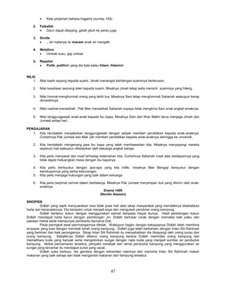 47
 Kata pinjaman bahasa Inggeris (survey, HQ)
2. Falsafah
 Daun dapat dilayang, getah jatuh ke perdu juga
3. Simile
 .. air matanya itu macam anak air mengalir
4. Metafora
 Ombak susu, gigi ombak
5. Repetisi
 Putih, putihlah yang dia kata kalau hitam, hitamlah
NILAI
1. Nilai kasih sayang kepada suami. Jimah menangisi kehilangan suaminya berterusan.
2. Nilai kesetiaan seorang isteri kepada suami. Misalnya Jimah tetap setia menanti suaminya yang hilang.
3. Nilai hormat-menghormati orang yang lebih tua. Misalnya Sani tetap menghormati Sabariah walaupun kerap
dimarahinya.
4. Nilai nasihat-menasihati. Pak Man menasihati Sabariah supaya tidak menghina Sani anak angkat emaknya.
5. Nilai tanggungjawab anak-anak kepada ibu bapa. Misalnya Sani dan Wan Malini terus menjaga Jimah dan
Jumaat setiap hari.
PENGAJARAN
1. Kita hendaklah menjalankan tanggungjawab dengan sebaik memberi pendidikan kepada anak-anaknya.
Contohnya Pak Jumaat dan Mak Jah memberi pendidikan kepada anak-anaknya sehingga ke universiti.
2. Kita hendaklah mengenang jasa ibu bapa yang telah membesarkan kita. Misalnya menyayangi mereka
sepenuh hati walaupun dibesarkan oleh keluarga angkat sahaja.
3. Kita perlu menyesal dan insaf terhadap kelemahan kita. Contohnya Sabariah insaf atas kesilapannya yang
tidak dapat meluangkan masa dengan ibu bapanya.
4. Kita perlu bertsyukur dengan apa-apa yang kita miliki, misalnya Man Bengap bersyukur dengan
kehidupannya yang serba kekurangan.
5. Kita perlu menjaga hubungan yang baik dalam keluarga.
6. Kita perlu berjimat cermat dalam berbelanja. Misalnya Pak Jumaat menyimpan duit yang dikirim oleh anak-
anaknya.
Drama 1400
(Nordin Hassan)
SINOPSIS
Dollah yang capik menyuarakan rasa tidak puas hati atas sikap masyarakat yang menolaknya disebabkan
harta dan kecacatannya. Dia berazam untuk menjadi kaya dan mengubah pendirian orang kampung.
Dollah bertemu dukun dengan menggunakan azimat daripada mayat ibunya. Hasil pertolongan dukun
Dollah mendapat harta karun dengan pertolongan Jin. Dollah bertukar corak dengan memakai kaki palsu dan
pakaian mahal serta mempunyai pembantu bernama Doli.
Pada peringkat awal peminangannya ditolak. Walaupun begitu dengan kekayaanya Dollah telah membina
empayar yang luas dengan membeli tanah orang kampung. Dollah juga telah berkahwin dengan Intan Siti Rahimah
yang beriman dan baik perangainya. Sikap Intan Siti Rahimah itu menyebabkan dia disayangi oleh orang surau dan
orang kampung. Sebaliknya Dollah dibenci orang kampung kerana Dollah menindas orang kampung dan
memelihara kuda yang banyak serta mengotorkan sungai dengan najis kuda yang menjadi sumber air penduduk
kampung. Akibat pencemaran tersebut, penyakit merebak dan ramai penduduk kampung yang menggunakan air
sungai yang tercemar itu mendapat zuriat yang cacat.
Dollah suka berburu, dia gembira dengan kehamilan isterinya dan meminta Intan Siti Rahimah makan
makanan yang baik sahaja dan tidak mengambil makanan dari kampung tersebut.
 