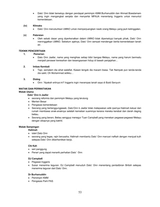 53
 Dato’ Onn tidak bersetuju dengan pendapat pemimpin KMM Burhanuddin dan Ahmad Boestamam
yang ingin mengangkat senjata dan menyertai MPAJA menentang Inggeris untuk menuntut
kemerdekaan.
(iv) Klimaks
 Dato’ Onn menubuhkan UMNO untuk memperjuangkan nasib orang Melayu yang jauh ketinggalan.
(v) Peleraian
 Oleh sebab dasar yang diperkenalkan dalam UMNO tidak dipersetujui banyak pihak, Dato’ Onn
meninggalkan UMNO. Sebelum ajalnya, Dato’ Onn sempat mendengar berita kemerdekaan tanah
air.
TEKNIK PENCERITAAN
1. Pemerian
 Dato Onn Jaafar, nama yang menghias setiap bibir bangsa Melayu, nama yang harum bermadu
menjadi penawar keresahan dan kesengsaraan hidup di bawah penjajahan…
2. Imbas Kembali
 Tapi, semalam dia sihat walafiat. Kawan tengok dia macam biasa. Tak Nampak pun tanda-tanda
dia sakit. Oh Muhammad adikku…
3. Dialog
 Onn: “Apakah ertinya ini? Inggeris ingin merampas tanah saya di Bukit Senyum
WATAK DAN PERWATAKAN
Watak Utama
Dato’ Onn b Jaafar
 seorang reformis dan pemimpin Melayu yang terulung
 Menteri Besar
 Pengasas kemerdekaan
 Seorang yang bertanggungjawab. Dato’Onn b Jaafar tidak melepaskan adik iparnya Halimah keluar dari
rumah membawa anak-anaknya setelah kematian suaminya kerana mereka kerabat dan darah daging
beliau.
 Seorang yang berani. Beliau senggup menegur Tuan Campbell yang menekan pegawai-pegawai Melayu
dengan sikapnya yang bakhil.
Watak Sampingan
Halimah
 isteri Dato Onn
 seorang yang tegas, rajin berusaha. Halimah membantu Dato’ Onn mancari nafkah dengan menjual kuih
selepas Dato’ Onn diberhentikan kerja.
Cik Kah
 seri panggung
 Penari yang dapat menarik perhatian Dato’ Onn
DJ Campbell
 Pegawai Inggeris
 Sukar menerima teguran. DJ Campbell menuduh Dato’ Onn menentang pentadbiran British selepas
menerima teguran dari Dato’ Onn.
Dr Burhanuddin
 Pemimpin KMM
 Pengasas Parti PAS
 