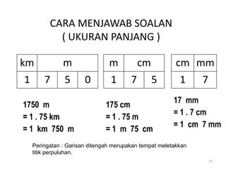 CARA MENJAWAB SOALAN
( UKURAN PANJANG )
km m
1 7 5 0
Peringatan : Garisan ditengah merupakan tempat meletakkan
titik perpuluhan.
37
175 cm
= 1 . 75 m
= 1 m 75 cm
m cm
1 7 5
cm mm
1 7
1750 m
= 1 . 75 km
= 1 km 750 m
17 mm
= 1 . 7 cm
= 1 cm 7 mm
 