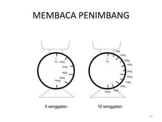 MEMBACA PENIMBANG
0
Kg
200g
600g
800g
1000g
400g
100g
300g
500g
700g
900g
0
Kg 200g
600g
800g
1000g
400g
10 senggatan
5 senggatan
42
 