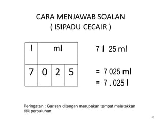 CARA MENJAWAB SOALAN
( ISIPADU CECAIR )
l ml
7 0 2 5
Peringatan : Garisan ditengah merupakan tempat meletakkan
titik perpuluhan.
47
7 l 25 ml
= 7 025 ml
= 7 . 025 l
 