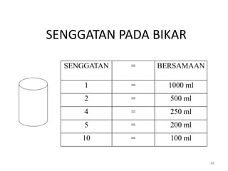 SENGGATAN = BERSAMAAN
1 = 1000 ml
2 = 500 ml
4 = 250 ml
5 = 200 ml
10 = 100 ml
SENGGATAN PADA BIKAR
48
 