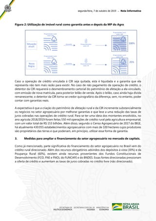 segunda-feira, 7 de outubro de 2019 ̶ Nota Informativa
Figura 2: Utilização de imóvel rural como garantia antes e depois da MP do Agro
Caso a operação de crédito vinculada à CIR seja quitada, esta é liquidada e a garantia que ela
representa não tem mais razão para existir. No caso de não pagamento da operação de crédito, o
detentor da CIR requererá o desmembramento cartorial do patrimônio de afetação a ela vinculado,
com emissão de nova matrícula, para posterior leilão de venda. Após o leilão, caso ainda haja dívida
remanescente, o detentor da CIR torna-se credor quirografário da diferença, sem, no entanto, poder
contar com garantias reais.
A expectativa é que a criação do patrimônio de afetação rural e da CIR incremente substancialmente
os negócios no setor agropecuário por melhorar garantias e que leve a uma redução das taxas de
juros cobradas nas operações de crédito rural. Para se ter uma ideia dos montantes envolvidos, no
ano agrícola 2018/2019 foram feitas 550 mil operações de crédito rural pela agricultura empresarial,
com um valor total de R$ 153 bilhões. Além disso, segundo o Censo Agropecuário de 2017 do IBGE,
há atualmente 430.055 estabelecimentos agropecuários com mais de 100 hectares cujos produtores
são proprietários das terras e que poderiam, em princípio, utilizar essa forma de garantia.
3. Medidas para ampliar o financiamento do setor agropecuário no mercado de capitais.
Como já mencionado, parte significativa do financiamento do setor agropecuário no Brasil vem do
crédito rural direcionado. Além dos recursos obrigatórios advindos dos depósitos à vista (30%) e da
Poupança Rural (60%), existem ainda recursos provenientes dos Fundos Constitucionais de
Desenvolvimento (FCO, FNE e FNO), do FUNCAFE e do BNDES. Essas fontes direcionadas pressionam
a oferta de crédito e aumentam as taxas de juros cobradas no crédito livre (não direcionado).
 
