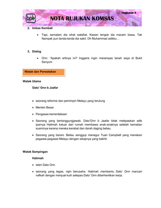 2. Imbas Kembali

             Tapi, semalam dia sihat walafiat. Kawan tengok dia macam biasa. Tak
              Nampak pun tanda-tanda dia sakit. Oh Muhammad adikku…



  3. Dialog

             Onn: “Apakah ertinya ini? Inggeris ingin merampas tanah saya di Bukit
              Senyum


 Watak dan Perwatakan


Watak Utama

     Dato’ Onn b Jaafar



      seorang reformis dan pemimpin Melayu yang terulung

      Menteri Besar

      Pengasas kemerdekaan

      Seorang yang bertanggungjawab. Dato’Onn b Jaafar tidak melepaskan adik
       iparnya Halimah keluar dari rumah membawa anak-anaknya setelah kematian
       suaminya kerana mereka kerabat dan darah daging beliau.

      Seorang yang berani. Beliau senggup menegur Tuan Campbell yang menekan
       pegawai-pegawai Melayu dengan sikapnya yang bakhil.



Watak Sampingan

     Halimah

      isteri Dato Onn

      seorang yang tegas, rajin berusaha. Halimah membantu Dato’ Onn mancari
       nafkah dengan menjual kuih selepas Dato’ Onn diberhentikan kerja.
 