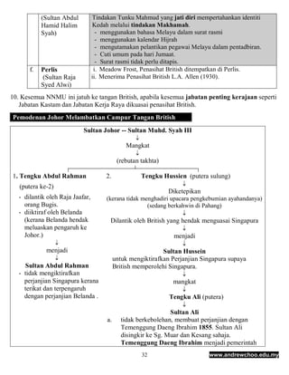 (Sultan Abdul         Tindakan Tunku Mahmud yang jati diri mempertahankan identiti
            Hamid Halim           Kedah melalui tindakan Makhamah.
            Syah)                   - menggunakan bahasa Melayu dalam surat rasmi
                                    - menggunakan kalendar Hijrah
                                    - mengutamakan pelantikan pegawai Melayu dalam pentadbiran.
                                    - Cuti umum pada hari Jumaat.
                                    - Surat rasmi tidak perlu ditapis.
       f.   Perlis                 i. Meadow Frost, Penasihat British ditempatkan di Perlis.
            (Sultan Raja          ii. Menerima Penasihat British L.A. Allen (1930).
            Syed Alwi)
10. Kesemua NNMU ini jatuh ke tangan British, apabila kesemua jabatan penting kerajaan seperti
   Jabatan Kastam dan Jabatan Kerja Raya dikuasai penasihat British.
Pemodenan Johor Melambatkan Campur Tangan British
                            Sultan Johor -- Sultan Muhd. Syah III
                                                    
                                                Mangkat
                                                    
                                             (rebutan takhta)

1. Tengku Abdul Rahman                 2.               Tengku Hussien (putera sulung)
   (putera ke-2)                                                     
                                                                 Diketepikan
   - dilantik oleh Raja Jaafar,        (kerana tidak menghadiri upacara pengkebumian ayahandanya)
     orang Bugis.                                      (sedang berkahwin di Pahang)
   - diiktiraf oleh Belanda                                          
     (kerana Belanda hendak             Dilantik oleh British yang hendak menguasai Singapura
     meluaskan pengaruh ke                                           
     Johor.)                                                       menjadi
                                                                    
             menjadi                                          Sultan Hussein
                                           untuk mengiktirafkan Perjanjian Singapura supaya
     Sultan Abdul Rahman                    British memperolehi Singapura.
   - tidak mengiktirafkan                                            
     perjanjian Singapura kerana                                  mangkat
     terikat dan terpengaruh                                         
     dengan perjanjian Belanda .                                 Tengku Ali (putera)
                                                                     
                                                                 Sultan Ali
                                       a.      tidak berkebolehan, membuat perjanjian dengan
                                               Temenggung Daeng Ibrahim 1855. Sultan Ali
                                               disingkir ke Sg. Muar dan Kesang sahaja.
                                               Temenggung Daeng Ibrahim menjadi pemerintah
                                                        32                     www.andrewchoo.edu.my
 