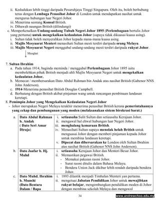 ii. Kedudukan lebih tinggi daripada Pesuruhjaya Tinggi Singapura. Oleh itu, boleh berhubung
        terus dengan Lembaga Penasihat Johor di London untuk mendapatkan nasihat untuk
        mengurus hubungan luar Negeri Johor.
   iii. Menerima seorang Konsul British.
   iv. Dibawah naungan British (dilindungi)
 c. Memperkenalkan Undang-undang Tubuh Negeri Johor 1895 (Perlembagaan bertulis Johor
   yang pertama) untuk mengekalkan kedaulatan Johor (supaya tidak dikuasai kuasa asing).
   i. Sultan tidak boleh menyerahkan Johor kepada mana-mana kuasa asing.
   ii. Majlis Mesyuarat Menteri menasihati Sultan mesti terdiri daripada orang Melayu.
   iii. Majlis Mesyuarat Negeri menggubal undang-undang mesti terdiri daripada rakyat Johor.



7. Sultan Ibrahim
   a. Pada tahun 1914, baginda meminda / menggubal Perlembagaan Johor 1895 iaitu
       membolehkan pihak British menjadi ahli Majlis Mesyuarat Negeri untuk mengekalkan
       kedaulatan Johor.
   b. Memecat / membersarakan Dato Abdul Rahman bin Andak atas nasihat British (Gabenor NNS
       John Anderson).
   c. 1914-Menerima penasihat British Douglas Campbell.
   d. Berhutang dengan British akibat pinjaman wang untuk rancangan pembinaan landasan
       keretapi.
8. Pemimpin Johor yang Mengekalkan Kedaulatan Negeri Johor
  - Johor merupakan Negeri Melayu terakhir menerima penasihat British kerana pemerintahannya
    yang cekap dan pembangunan yang moden (melaksanakan sistem birokrasi barat.)
    a. Dato Abdul Rahman i. setiausaha Sulit Sultan dan setiausaha Kerajaan Johor.
       b. Andak            ii. mengawal hal ehwal hubungan luar Negeri Johor.
       ( Dato Seri Amar   iii. menghalang kemaraan British.
       Diraja)            iv. Menasihati Sultan supaya menolak helah British untuk
                                menguasai Johor dengan memberi pinjaman kepada Johor
                                untuk membina landasan keretapi.
                            v. Dipecat dan dibersarakan ke London oleh Sultan Ibrahim
                                atas nasihat British (Gabenor NNS John Anderson).
    b. Dato Jaafar b. Hj.   i. setiausaha Kerajaan Johor dan Menteri Besar Johor.
       Muhd                ii. Memastikan pegawai British.
                               - Memakai pakaian rasmi Johor.
                               - Surat rasmi ditulis dalam Bahasa Melayu.
                               - Bendera Union Jack dikibar lebih rendah daripada bendera
                                   Johor.
    c. Dato Muhd. Ibrahim i. 1893 dilantik menjadi Timbalan Menteri yan pertama.
       b. Munshi           ii. mengetuai Jabatan Pendidikan Johor untuk mewajibkan
       (Dato Bentara            rakyat belajar, mengembangkan pendidikan moden di Johor
       Dalam / Bapa             dengan membina sekolah Melayu dan mengawal
                                               34                      www.andrewchoo.edu.my
 