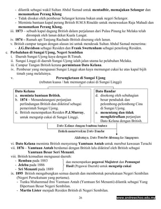 - dilantik sebagai wakil Sultan Abdul Samad untuk mentadbir, memajukan Selangor dan
           menamatkan Perang Klang
        - Tidak disukai oleh pembesar Selangor kerana bukan anak negeri Selangor.
        - Meminta bantuan kapal perang British H.M.S Rinaldo untuk menewaskan Raja Mahadi dan
           menamatkan Perang Klang.
   iii. 1873 – sebuah kapal dagang British dalam perjalanan dari Pulau Pinang ke Melaka telah
                dirompak oleh lanun dekat Kuala Langat.
   iv. 1874 – Rumah api Tanjung Rachado British diserang oleh lanun.
   v. British campur tangan dengan alasan ini untuk mendesak Sultan Abdul Samad menerima:
        - J.G.Davidson sebagai Residen dan Frank Swettenham sebagai penolong Residen.
c. Perbalahan di Sungai Ujong, Negeri Sembilan
   i. Daerah Sungai Ujong kaya dengan B.Timah.
   ii. Sungai Linggi di daerah Sungai Ujong ialah jalan utama ke pelabuhan Melaka.
   iii. Campur Tangan British kerana permintaan Dato Kelana.
   iv. Pembesar yang menguasai Sungai Linggi akan kaya memungut cukai ke atas kapal bijih
         timah yang melaluinya.
   v.                               Persengketaan di Sungai Ujong
                        (rebutan kuasa / hak memungut cukai di Sungai Linggi)

     Dato Kelana                                        Dato Bandar
     a. meminta bantuan British.                        d. disokong oleh sebahagian
     b. 1874 – Menandatangani perjanjian                   besar penduduk dan
        perlindungan British dan diiktiraf sebagai         pelombong-pelombong Cina
        pemerintah Sungai Ujong.                           di Sungai Ujong.
     c. British menempatkan Residen P.J.Murray,         e. menentang dan tidak
        untuk mengutip cukai di Sungai Linggi.             mengiktirafkan perjanjian
                                                           Dato Kelana dengan British.




   vi. Dato Kelana meminta British menyerang Yamtuan Antah untuk merebut kawasan Terachi
   vii. 1876 – Yamtuan Antah berdamai dengan British lalu diiktiraf oleh British sebagai
                Yamtuan Besar Seri Menanti.
   viii. British kemudian menguasai daerah:
       - Rembau pada 1883              dan menempatkan pegawai Majistret dan Pemungut
       - Jelebu pada 1886              Hasil (Pegawai Daerah) untuk mengutip cukai
       - Sri Menanti pada 1889
   ix. 1895 British mengabungkan semua daerah dan membentuk persekutuan Negeri Sembilan
        (Negeri Persekutuan yang pertama).
        - Tunku Muhammad ibni Yamtuan Antah (Yamtuan Sri Menanti) dilantik sebagai Yang
          Dipertuan Besar Negeri Sembilan.
        - Martin Lister menjadi Residen British di Negeri Sembilan.
                                              26                     www.andrewchoo.edu.my
 