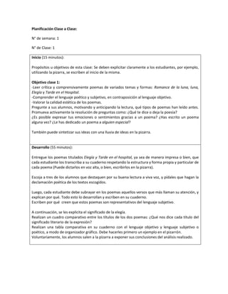 Planificación Clase a Clase:

N° de semana: 1

N° de Clase: 1

Inicio (15 minutos):

Propósitos u objetivos de esta clase: Se deben explicitar claramente a los estudiantes, por ejemplo,
utilizando la pizarra, se escriben al inicio de la misma.

Objetivo clase 1:
-Leer crítica y comprensivamente poemas de variados temas y formas: Romance de la luna, luna,
Elegía y Tarde en el Hospital.
-Comprender el lenguaje poético y subjetivo, en contraposición al lenguaje objetivo.
-Valorar la calidad estética de los poemas.
Pregunte a sus alumnos, motivando y anticipando la lectura, qué tipos de poemas han leído antes.
Promueva activamente la resolución de preguntas como: ¿Qué te dice o deja la poesía?
¿Es posible expresar tus emociones o sentimientos gracias a un poema? ¿Has escrito un poema
alguna vez? ¿Le has dedicado un poema a alguien especial?

También puede sintetizar sus ideas con una lluvia de ideas en la pizarra.


Desarrollo (55 minutos):

Entregue los poemas titulados Elegía y Tarde en el hospital, ya sea de manera impresa o bien, que
cada estudiante los transcriba a su cuaderno respetando la estructura y forma propia y particular de
cada poema (Puede dictarlos en voz alta, o bien, escribirlos en la pizarra).

Escoja a tres de los alumnos que destaquen por su buena lectura a viva voz, y pídales que hagan la
declamación poética de los textos escogidos.

Luego, cada estudiante debe subrayar en los poemas aquellos versos que más llaman su atención, y
explican por qué. Todo esto lo desarrollan y escriben en su cuaderno.
Escriben por qué creen que estos poemas son representativos del lenguaje subjetivo.

A continuación, se les explicita el significado de la elegía.
Realizan un cuadro comparativo entre los títulos de los dos poemas: ¿Qué nos dice cada título del
significado literario de la expresión?
Realizan una tabla comparativa en su cuaderno con el lenguaje objetivo y lenguaje subjetivo o
poético, a modo de organizador gráfico. Debe hacerles primero un ejemplo en el pizarrón.
Voluntariamente, los alumnos salen a la pizarra a exponer sus conclusiones del análisis realizado.
 