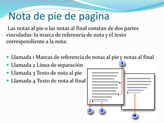 Nota de pie de pagina
Las notas al pie o las notas al final constan de dos partes
vinculadas: la marca de referencia de nota y el texto
correspondiente a la nota:
Llamada 1 Marcas de referencia de notas al pie y notas al final
Llamada 2 Línea de separación
Llamada 3 Texto de nota al pie
Llamada 4 Texto de nota al final