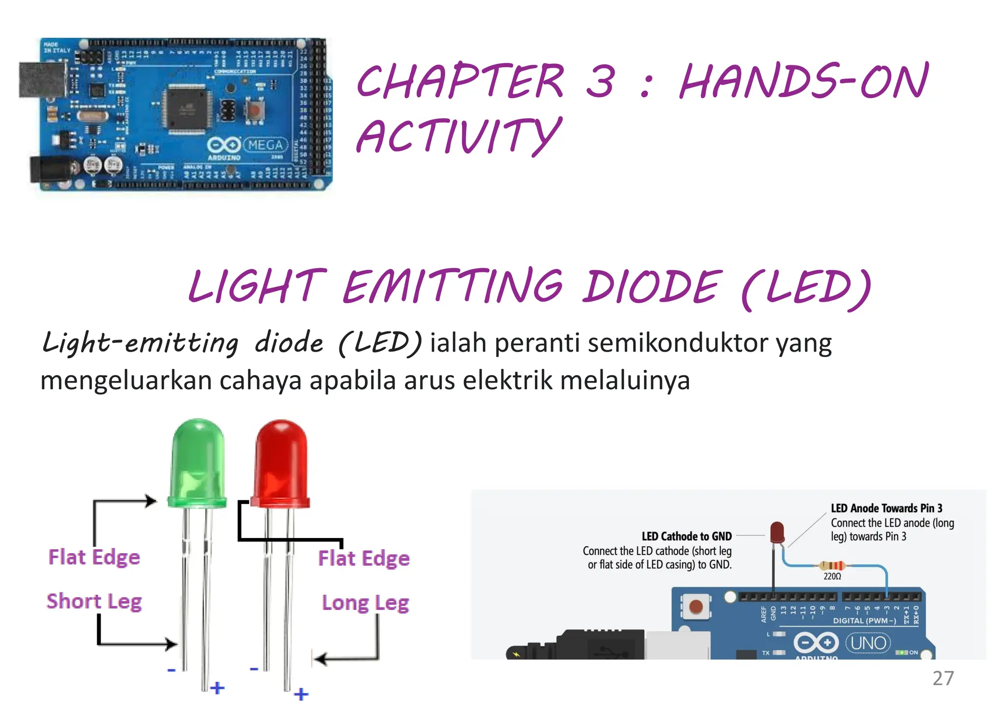 LIGHT EMITTING DIODE (LED)
Light-emitting diode (LED) ialah peranti semikonduktor yang
mengeluarkan cahaya apabila arus elektrik melaluinya
CHAPTER 3 : HANDS-ON
ACTIVITY
27
 