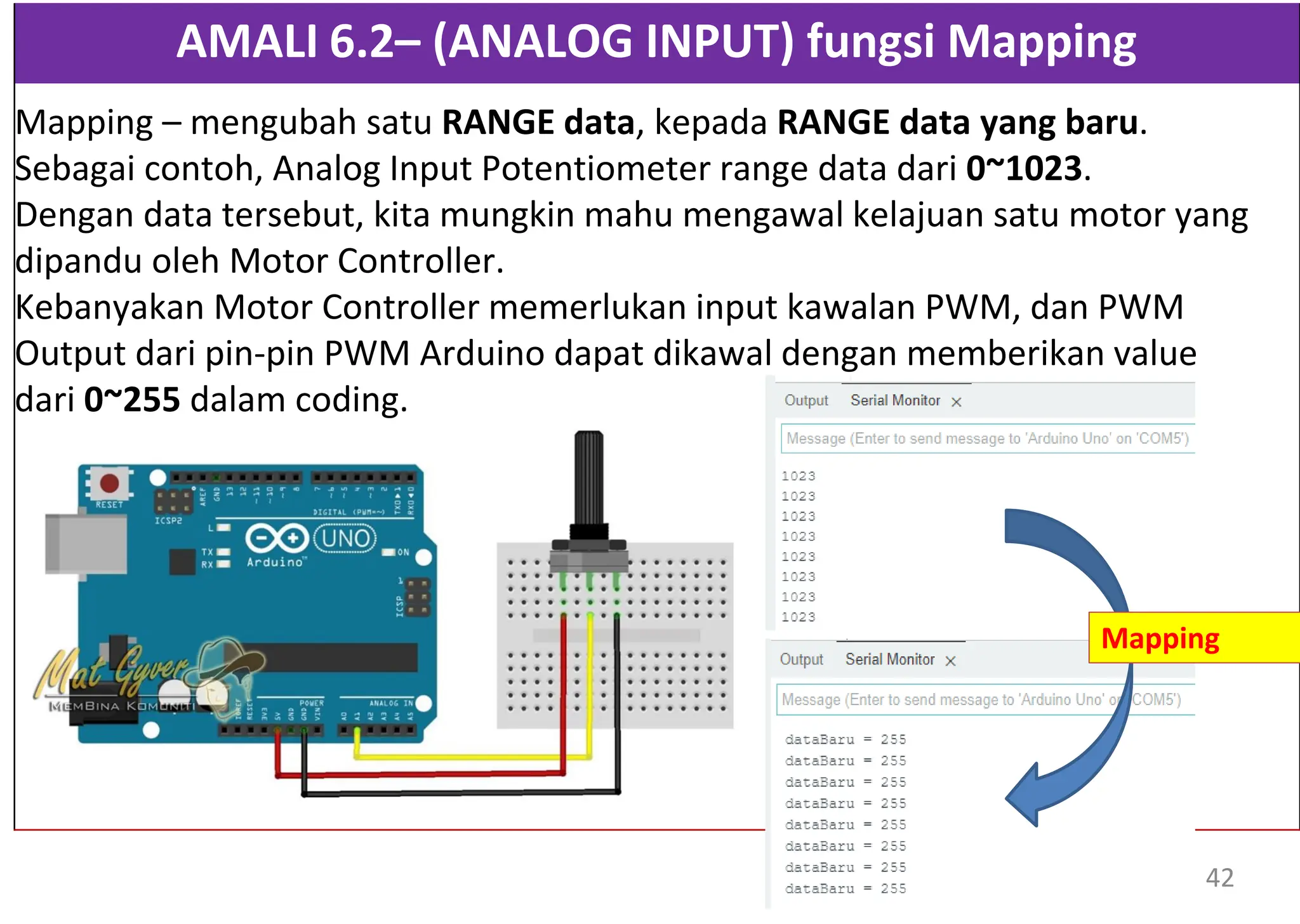 AMALI 6.2– (ANALOG INPUT) fungsi Mapping
Mapping – mengubah satu RANGE data, kepada RANGE data yang baru.
Sebagai contoh, Analog Input Potentiometer range data dari 0~1023.
Dengan data tersebut, kita mungkin mahu mengawal kelajuan satu motor yang
dipandu oleh Motor Controller.
Kebanyakan Motor Controller memerlukan input kawalan PWM, dan PWM
Output dari pin-pin PWM Arduino dapat dikawal dengan memberikan value
dari 0~255 dalam coding.
Mapping
42
 