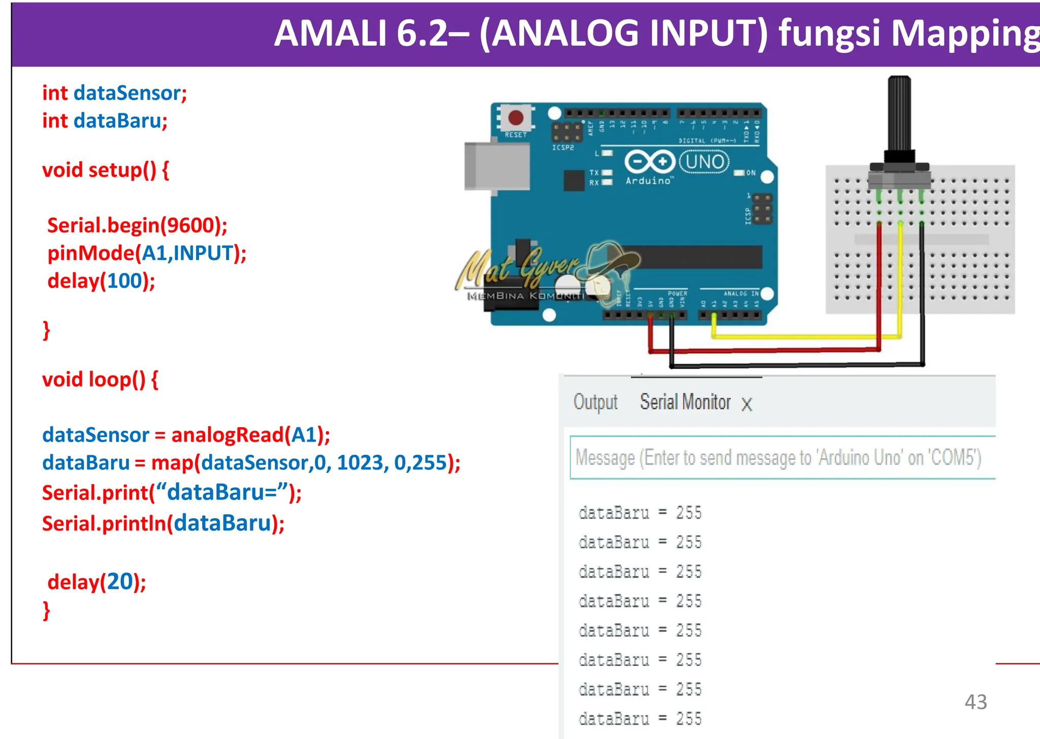 AMALI 6.2– (ANALOG INPUT) fungsi Mapping
int dataSensor;
int dataBaru;
void setup() {
Serial.begin(9600);
pinMode(A1,INPUT);
delay(100);
}
void loop() {
dataSensor = analogRead(A1);
dataBaru = map(dataSensor,0, 1023, 0,255);
Serial.print(“dataBaru=”);
Serial.println(dataBaru);
delay(20);
}
43
 