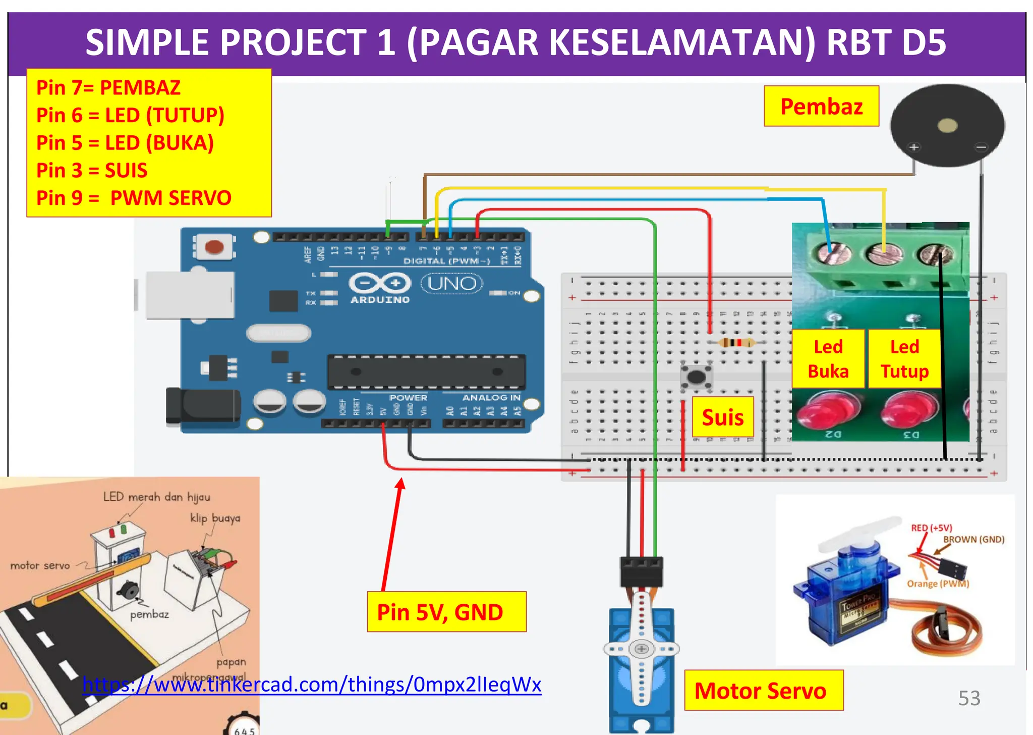 SIMPLE PROJECT 1 (PAGAR KESELAMATAN) RBT D5
Pin 5V, GND
Motor Servo
Pembaz
Suis
https://www.tinkercad.com/things/0mpx2lIeqWx
Pin 7= PEMBAZ
Pin 6 = LED (TUTUP)
Pin 5 = LED (BUKA)
Pin 3 = SUIS
Pin 9 = PWM SERVO
Led
Tutup
Led
Buka
53
 